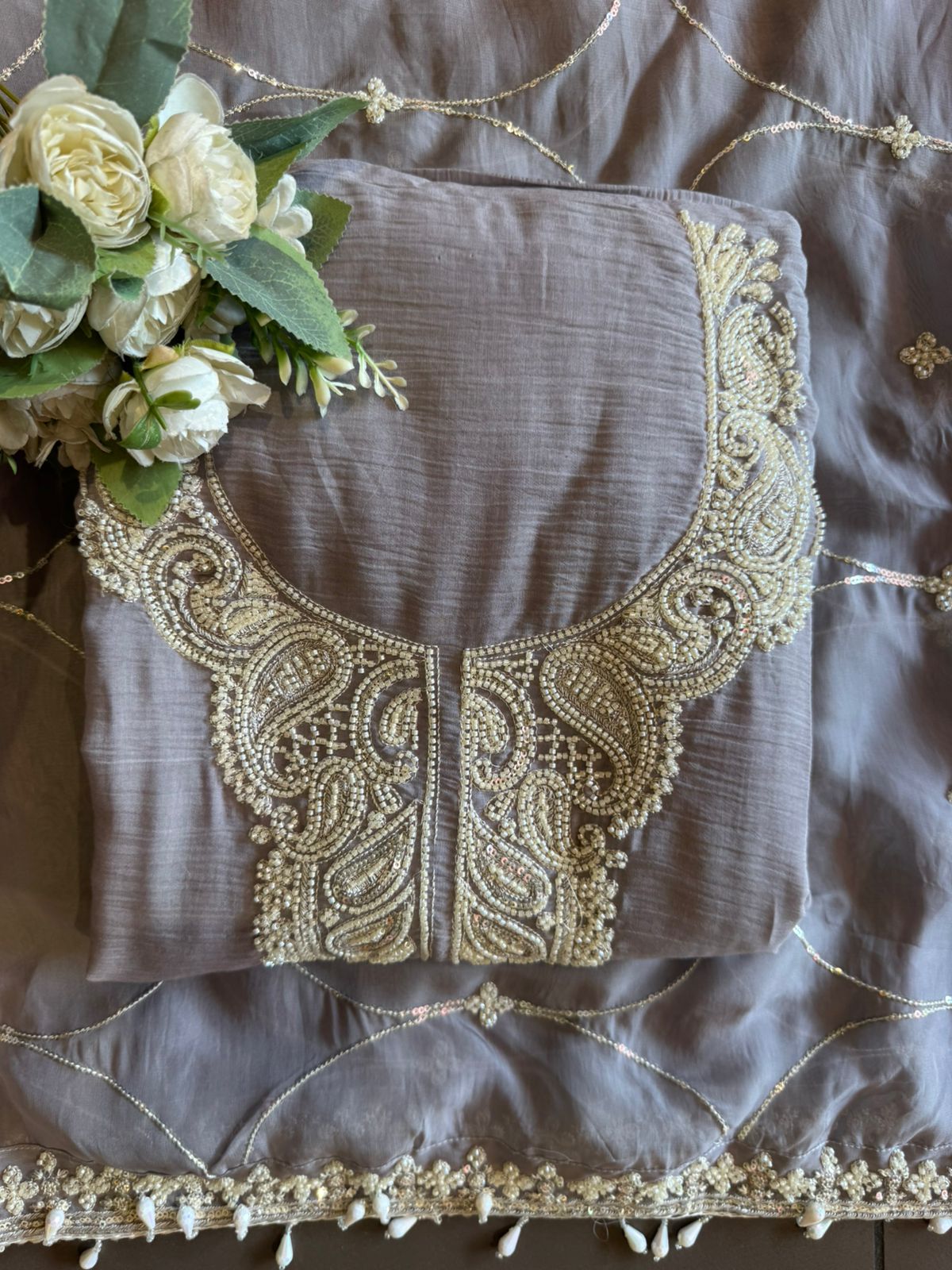 Bead Embroidered Suit Set with Dupatta and bottoms