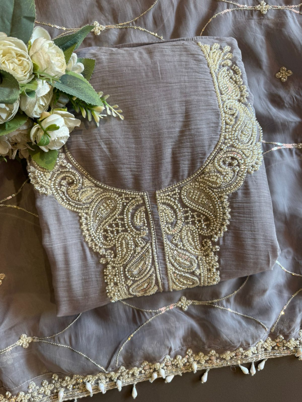 Bead Embroidered Suit Set with Dupatta and bottoms