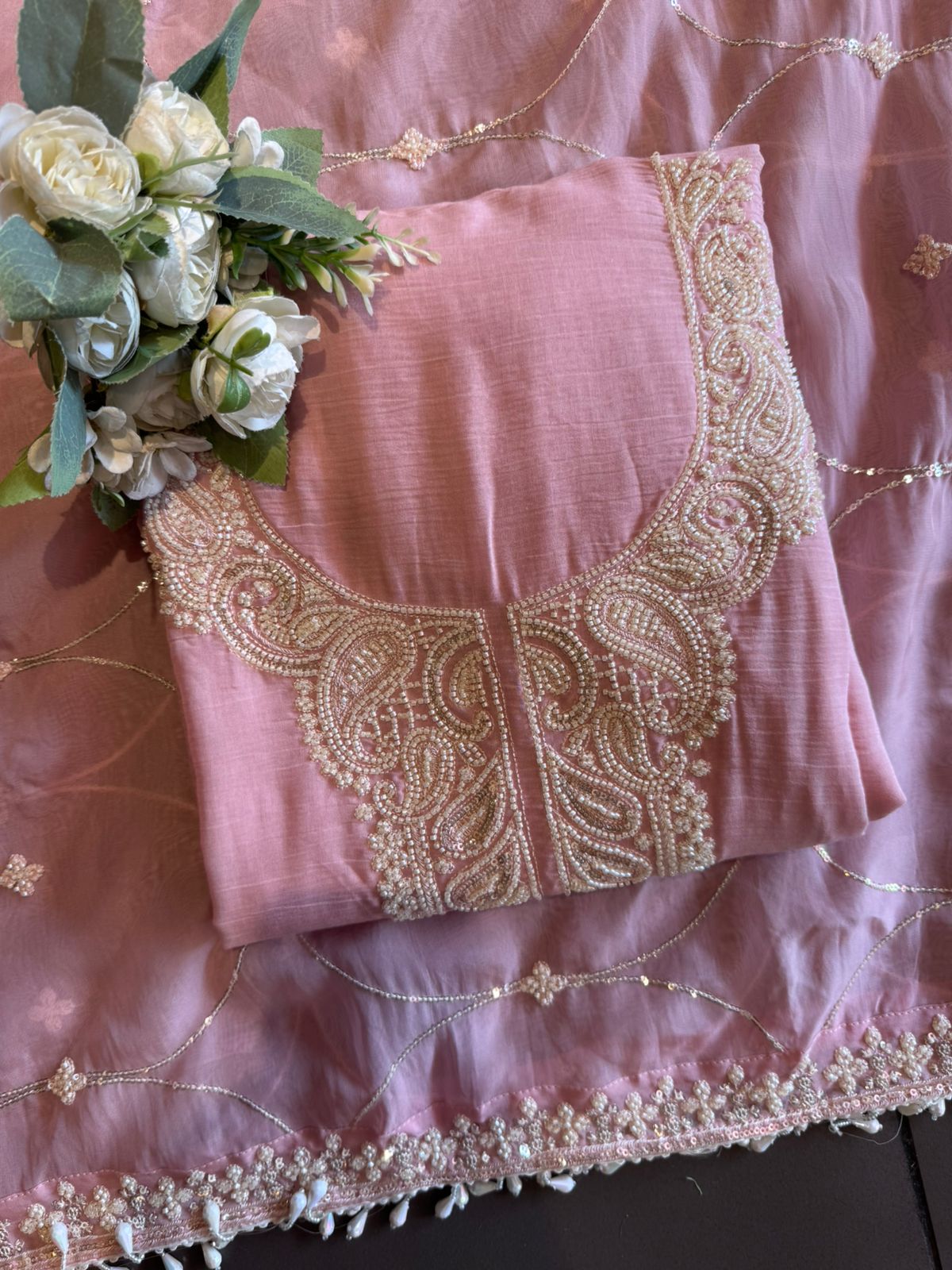 Bead Embroidered Suit Set with Dupatta and bottoms