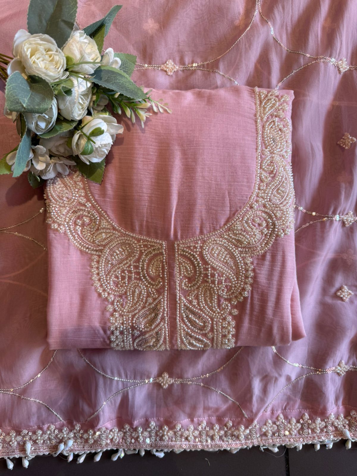 Bead Embroidered Suit Set with Dupatta and bottoms