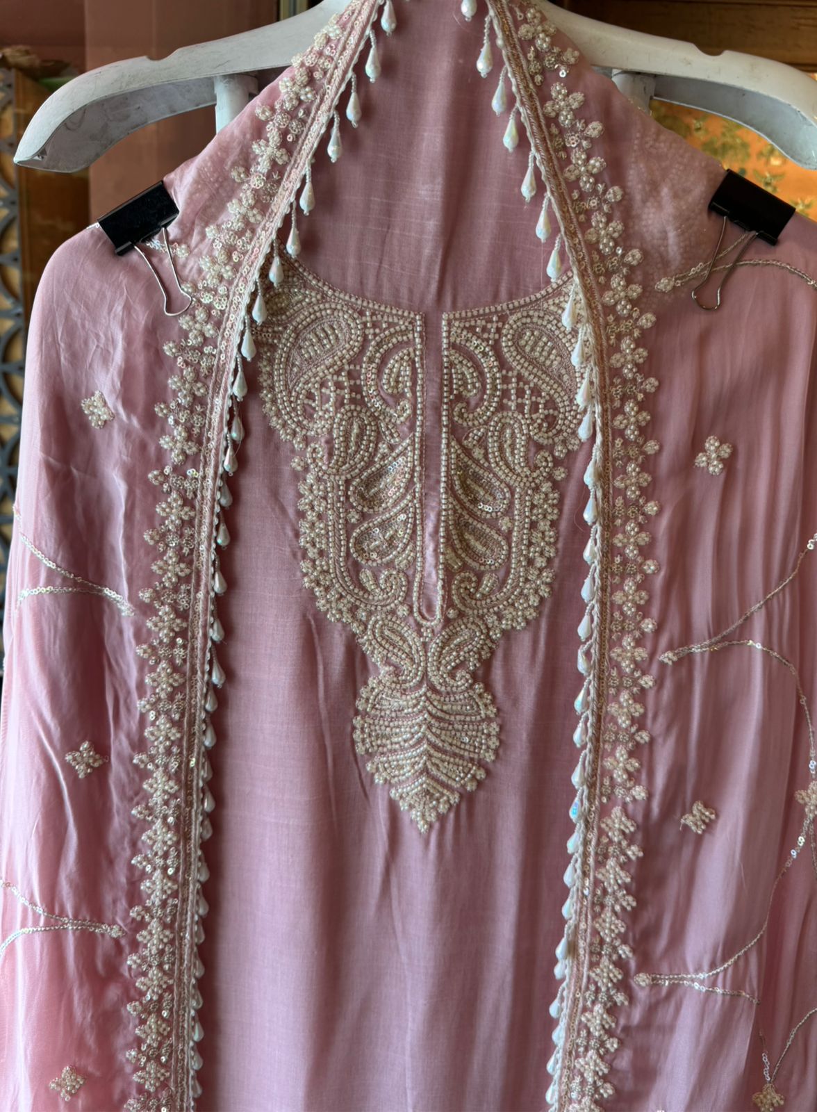 Bead Embroidered Suit Set with Dupatta and bottoms