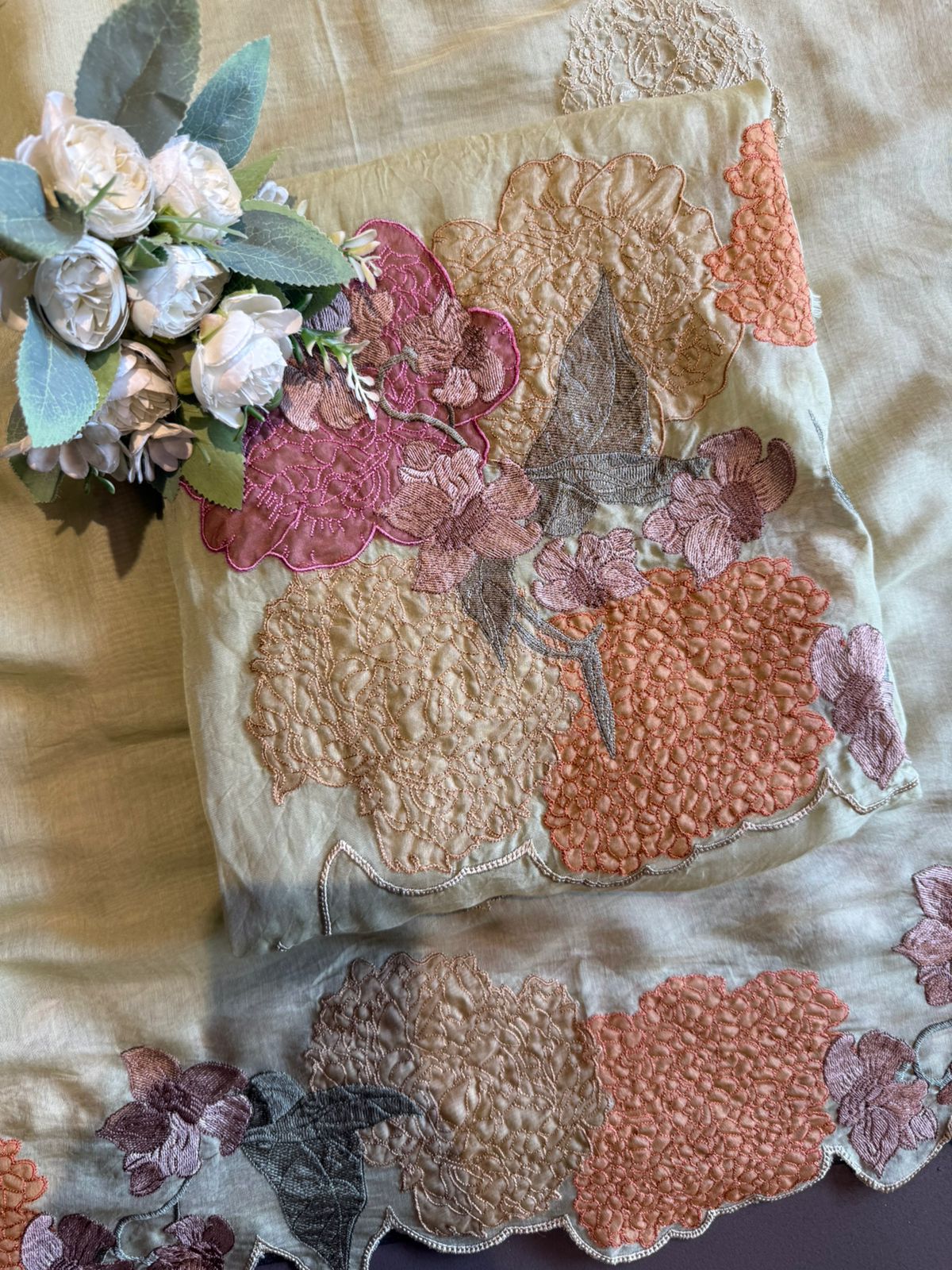 Pastel Floral Appliqué Unstitched suit Set