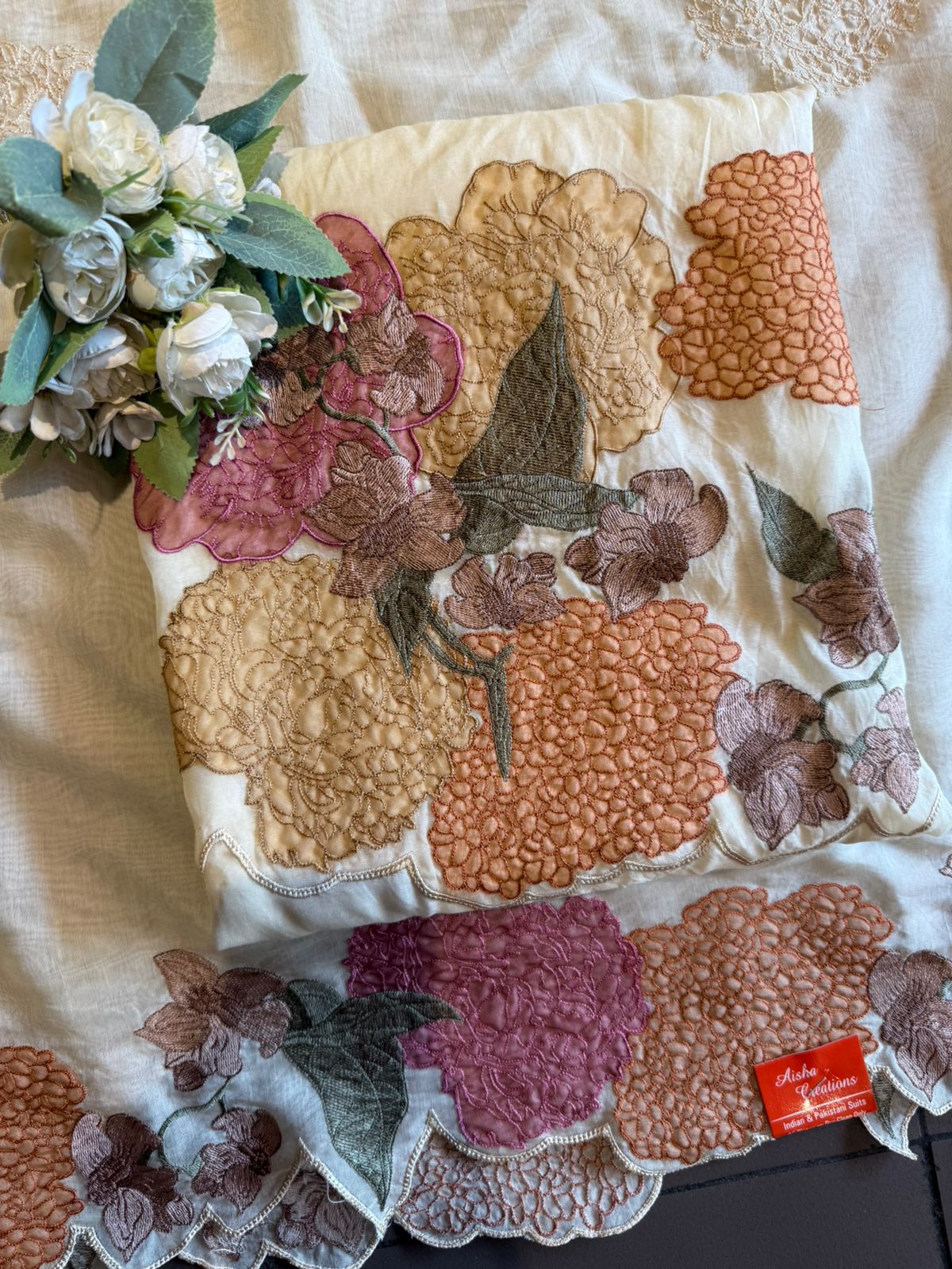 Pastel Floral Appliqué Unstitched suit Set