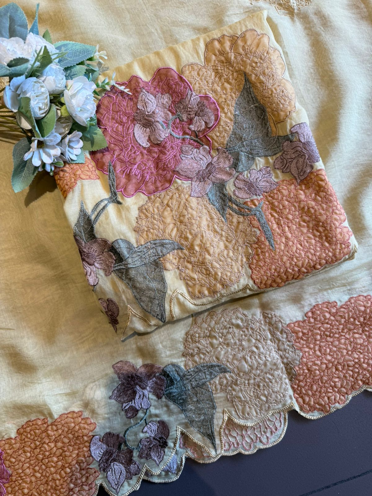Pastel Floral Appliqué Unstitched suit Set