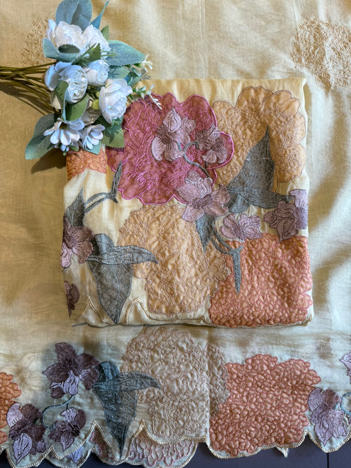 Pastel Floral Appliqué Unstitched suit Set