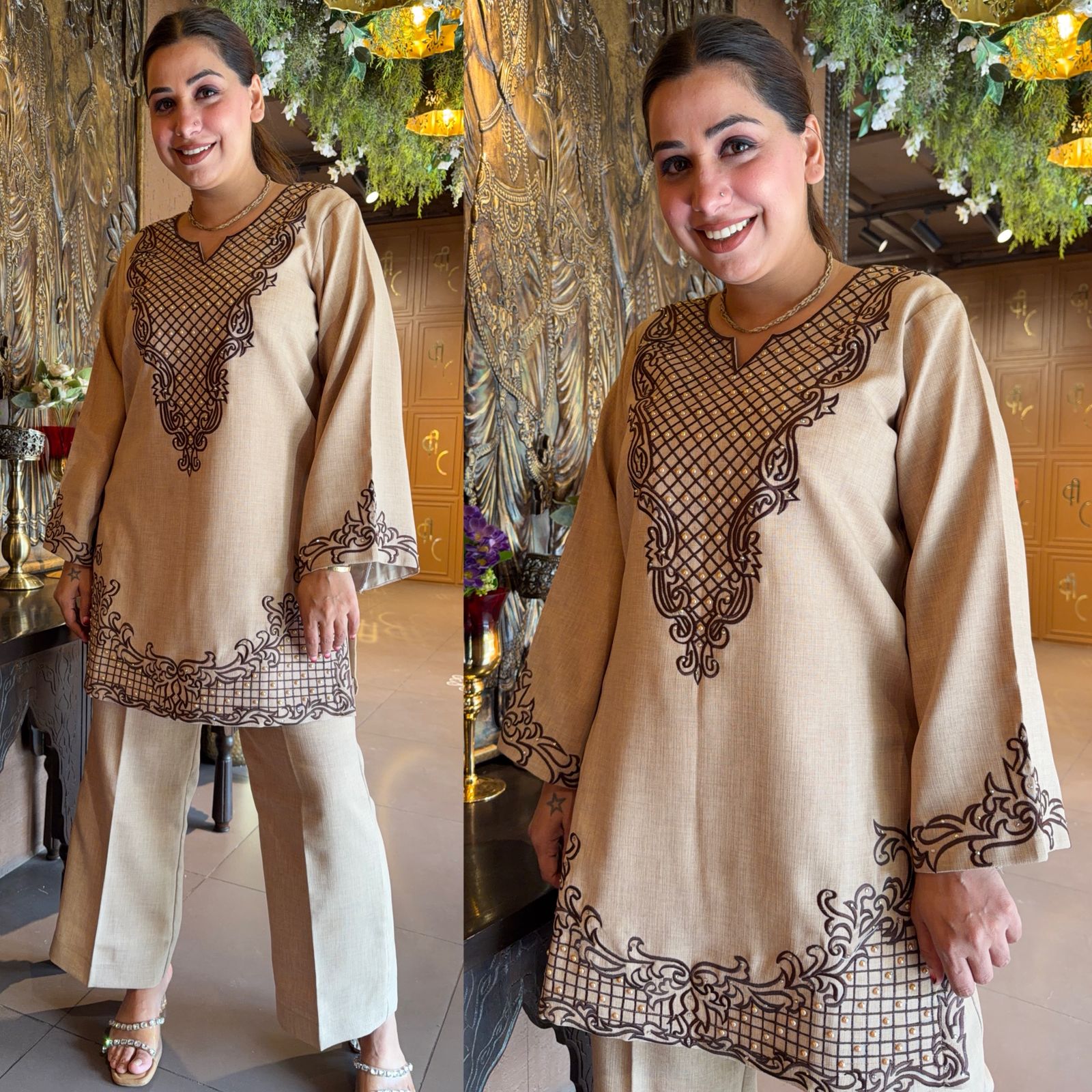 Beige Embroidered Kurta & Straight Pants Co-ord Set