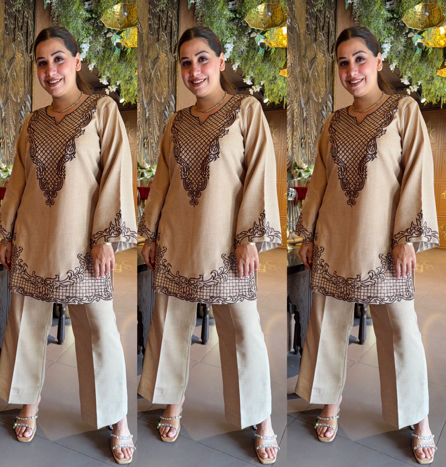 Beige Embroidered Kurta & Straight Pants Co-ord Set