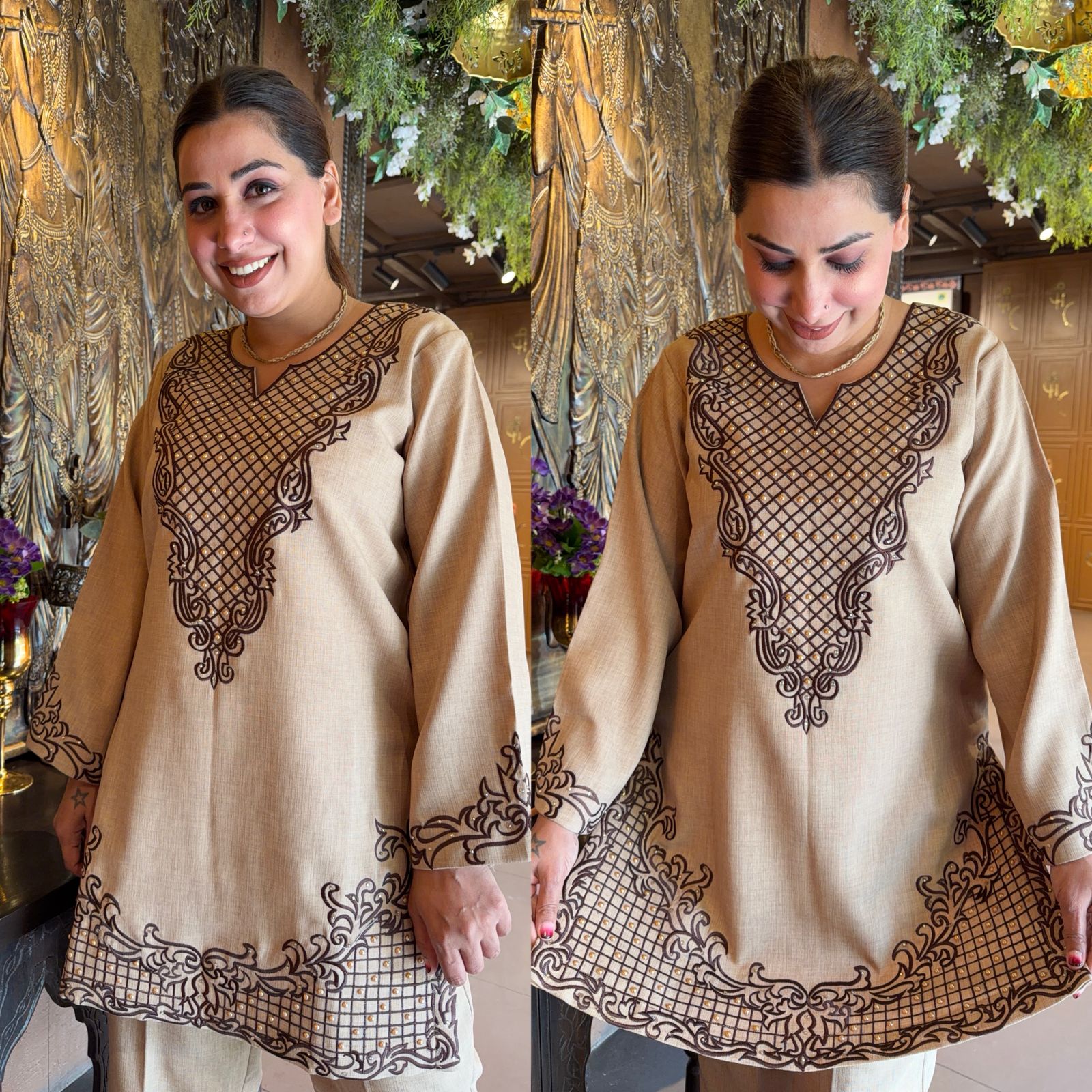 Beige Embroidered Kurta & Straight Pants Co-ord Set
