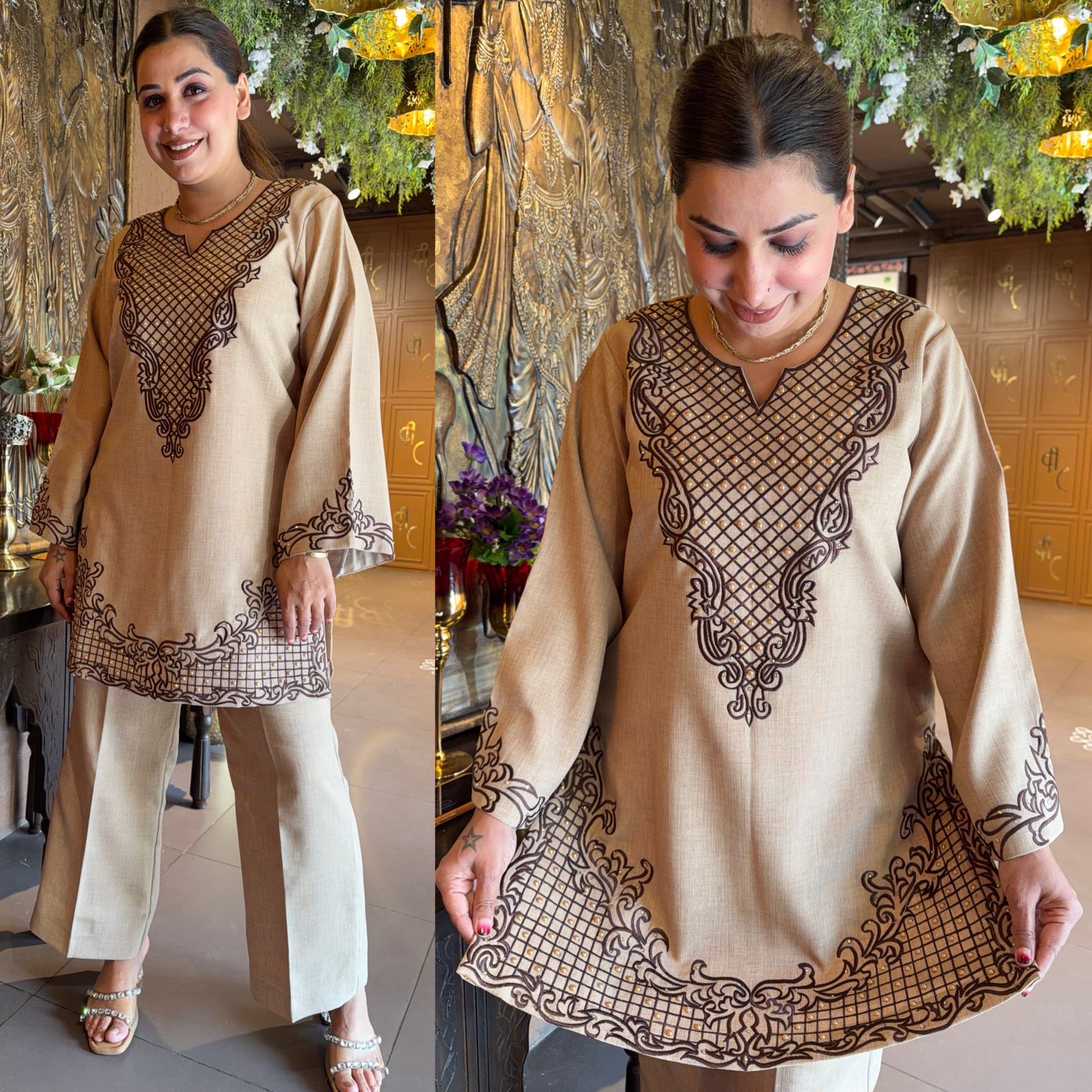 Beige Embroidered Kurta & Straight Pants Co-ord Set