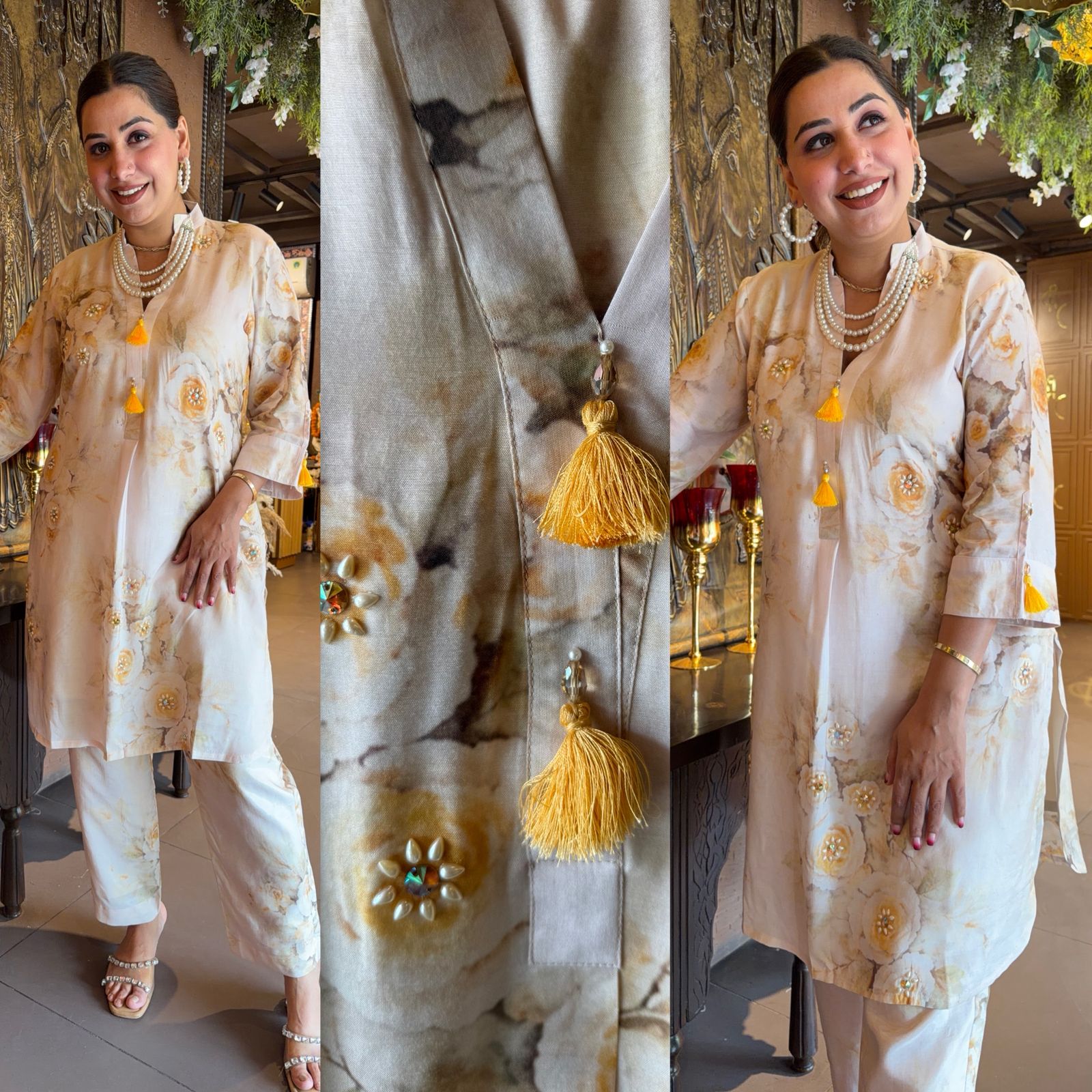 Ivory Floral Printed Kurta and pants set
