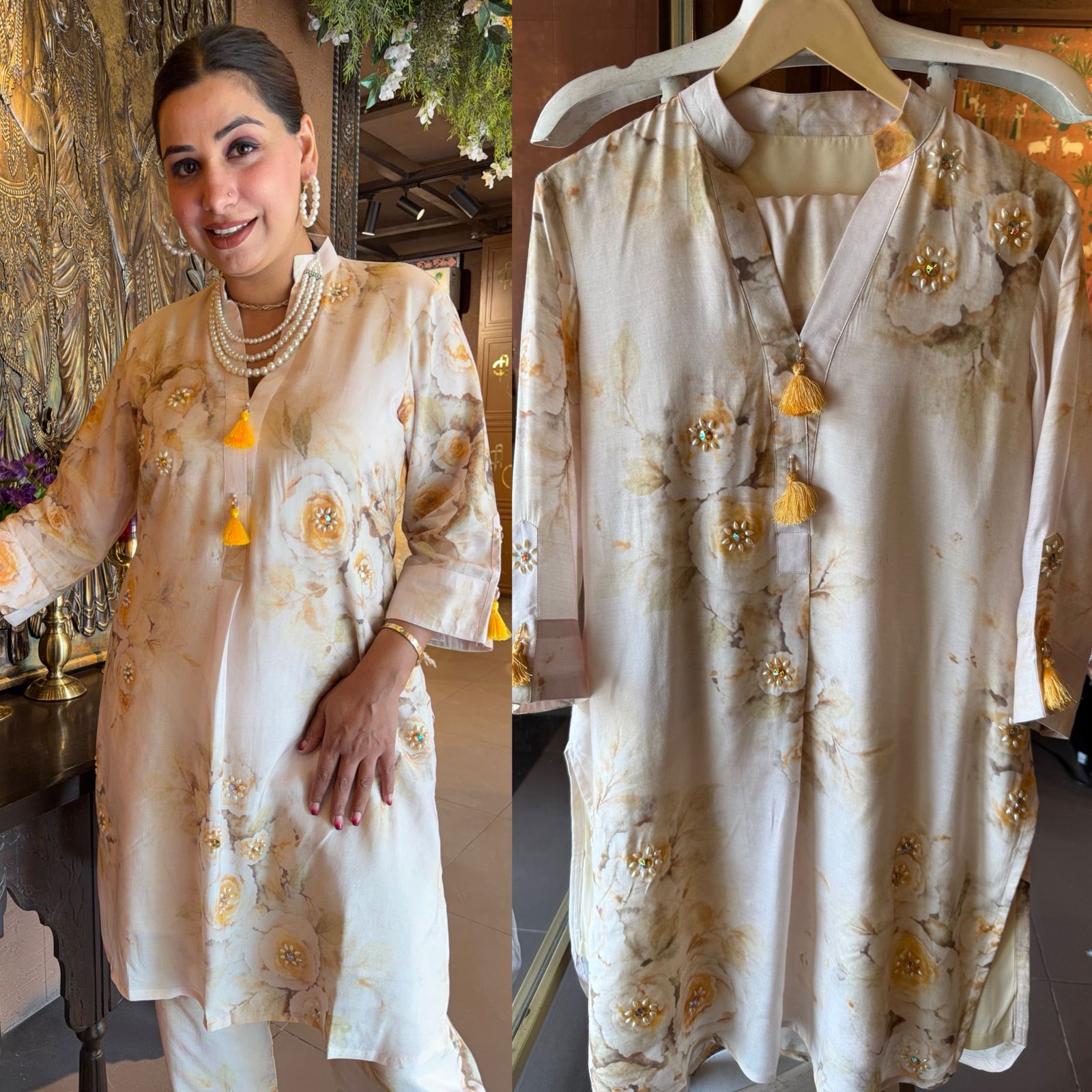 Ivory Floral Printed Kurta and pants set