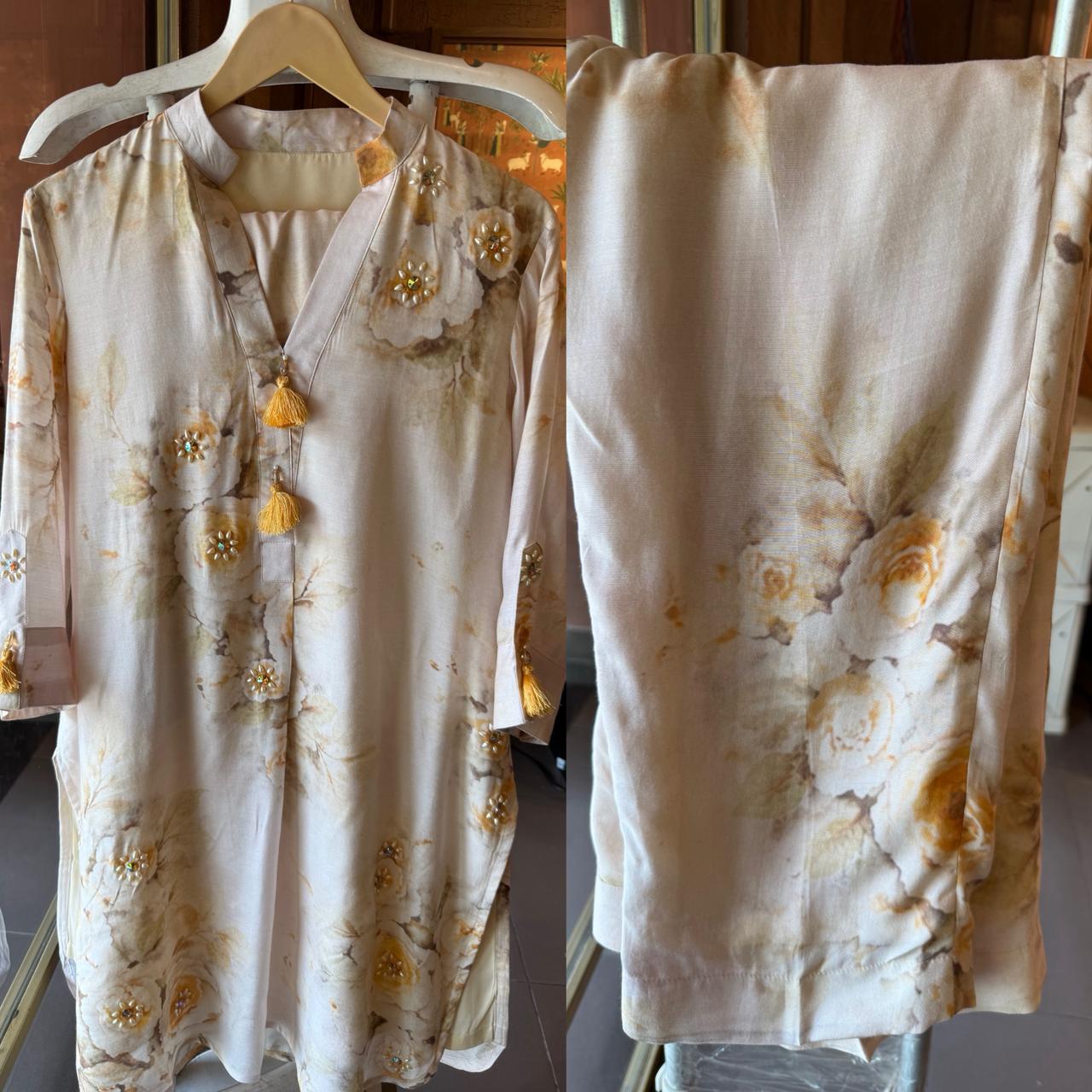 Ivory Floral Printed Kurta and pants set