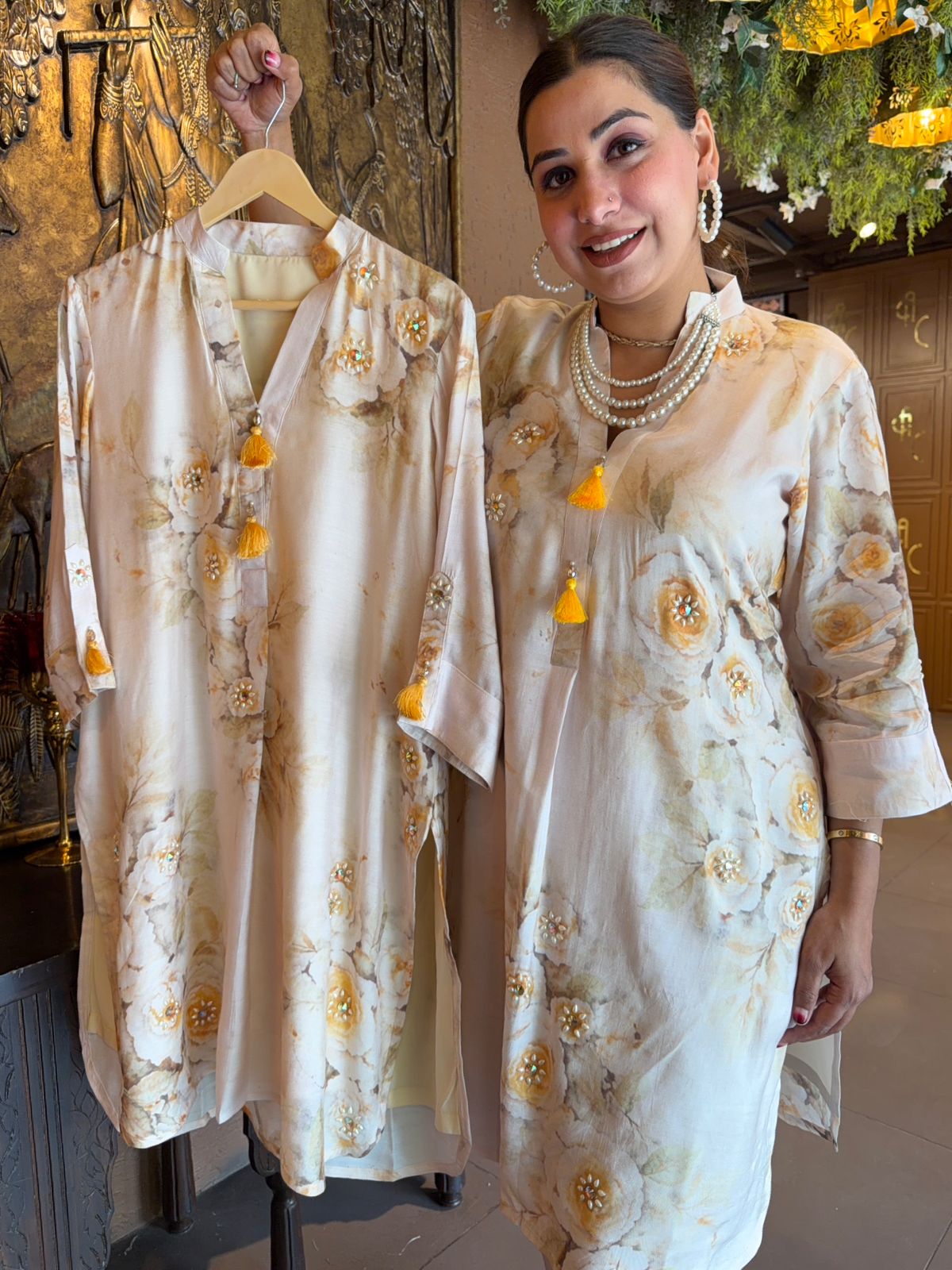 Ivory Floral Printed Kurta and pants set