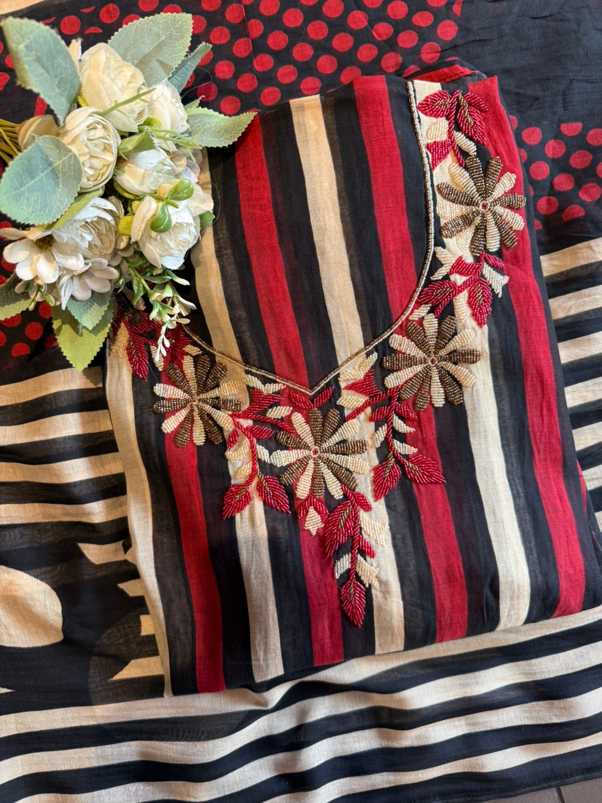 Black & Red Striped Embroidered Suit