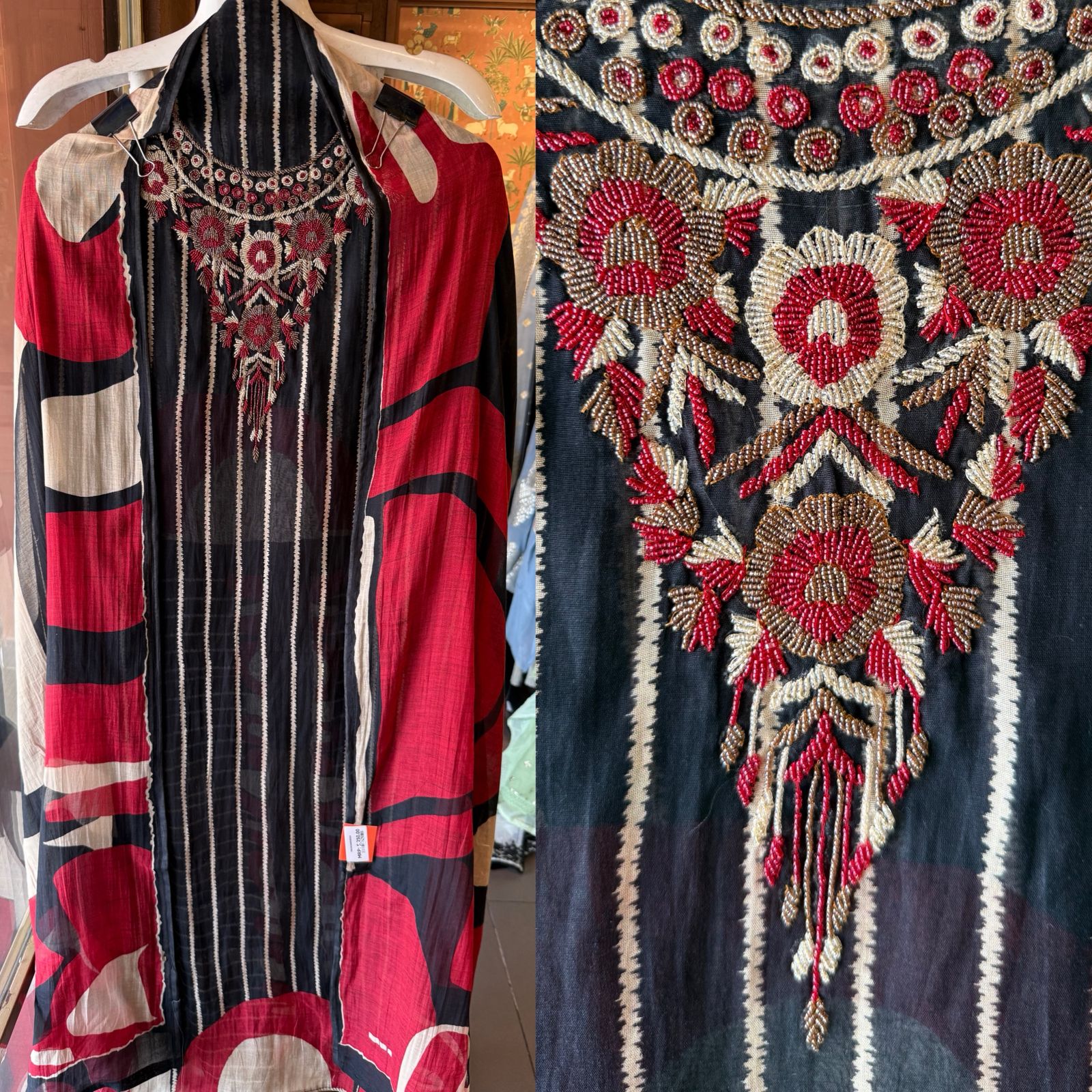 Black & off white Striped Embroidered Suit