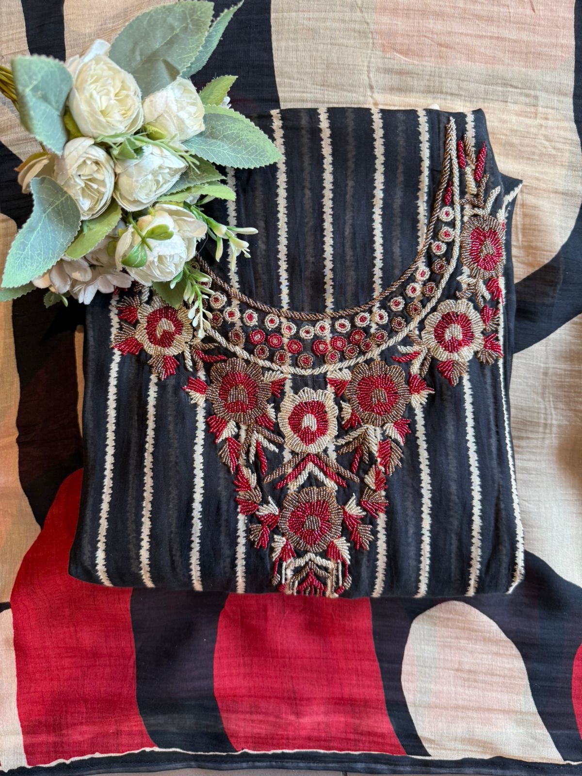 Black & off white Striped Embroidered Suit