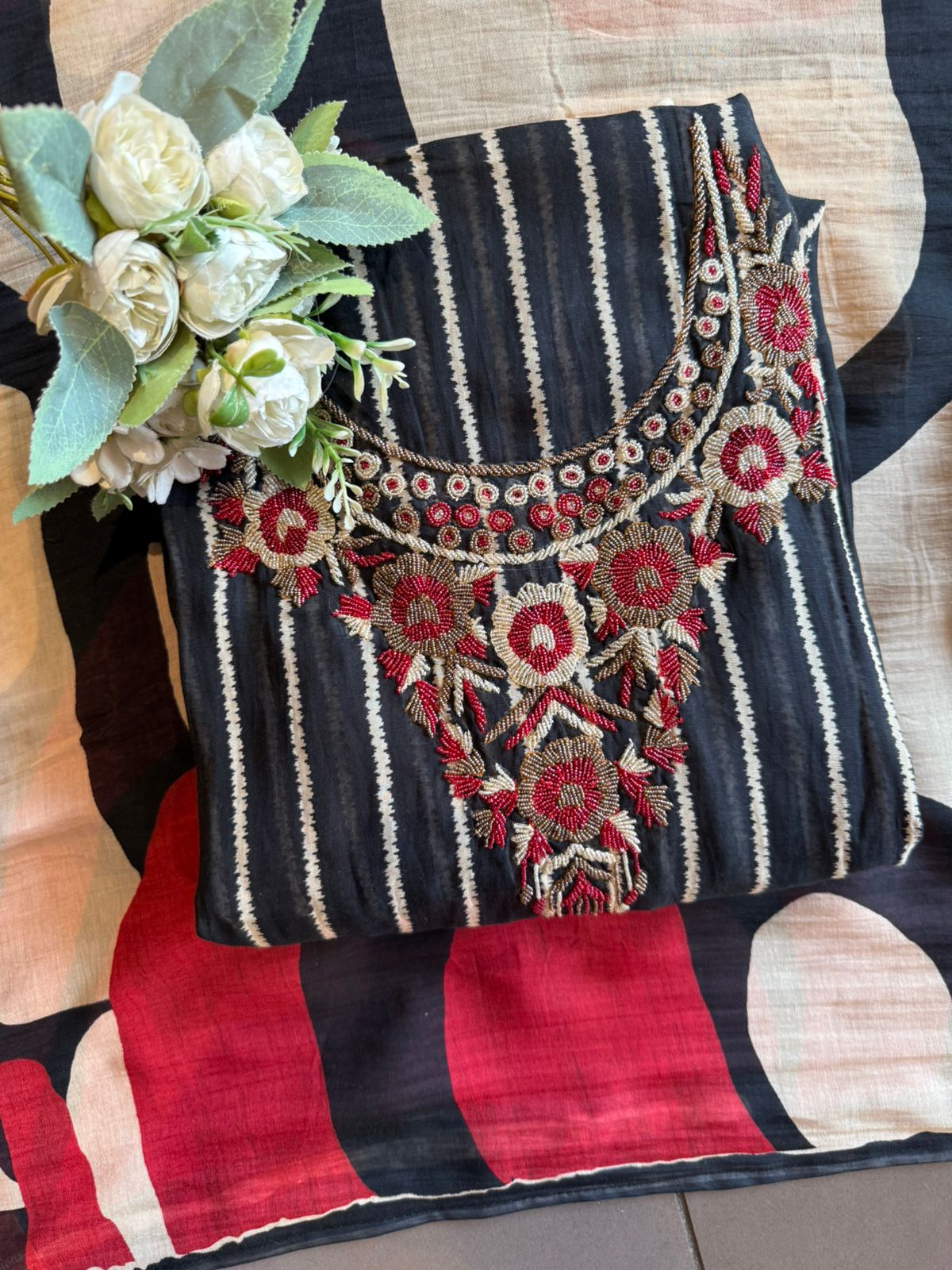 Black & off white Striped Embroidered Suit