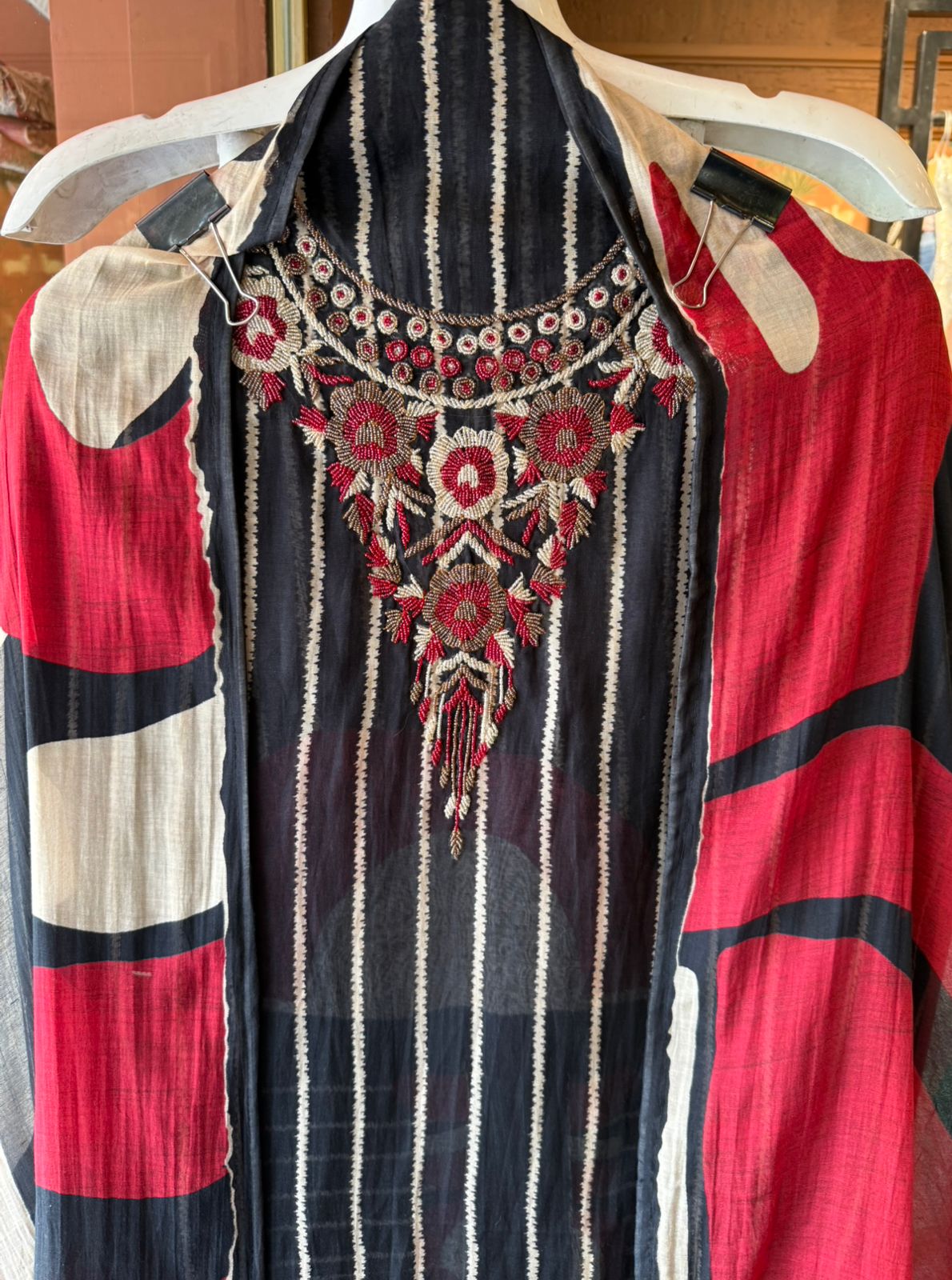 Black & off white Striped Embroidered Suit