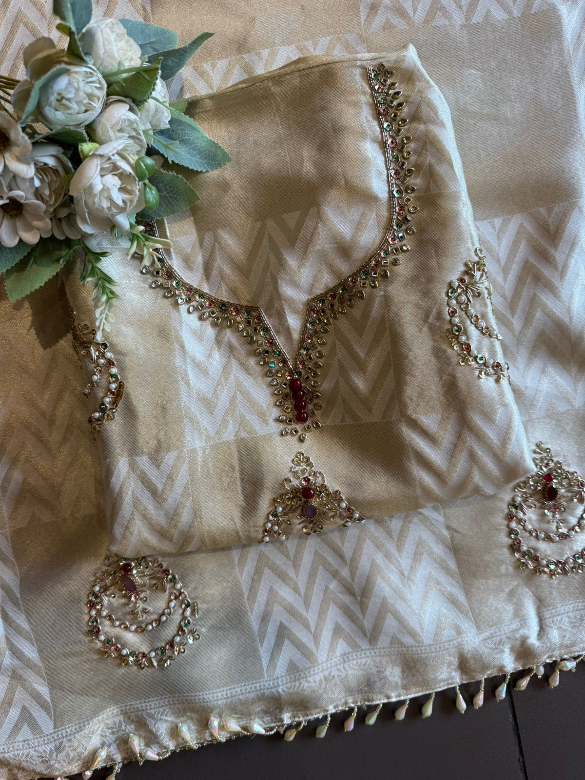 Classic Ivory Pearl Embellished Suit