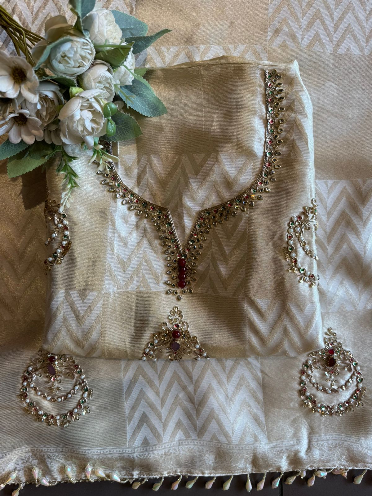 Classic Ivory Pearl Embellished Suit