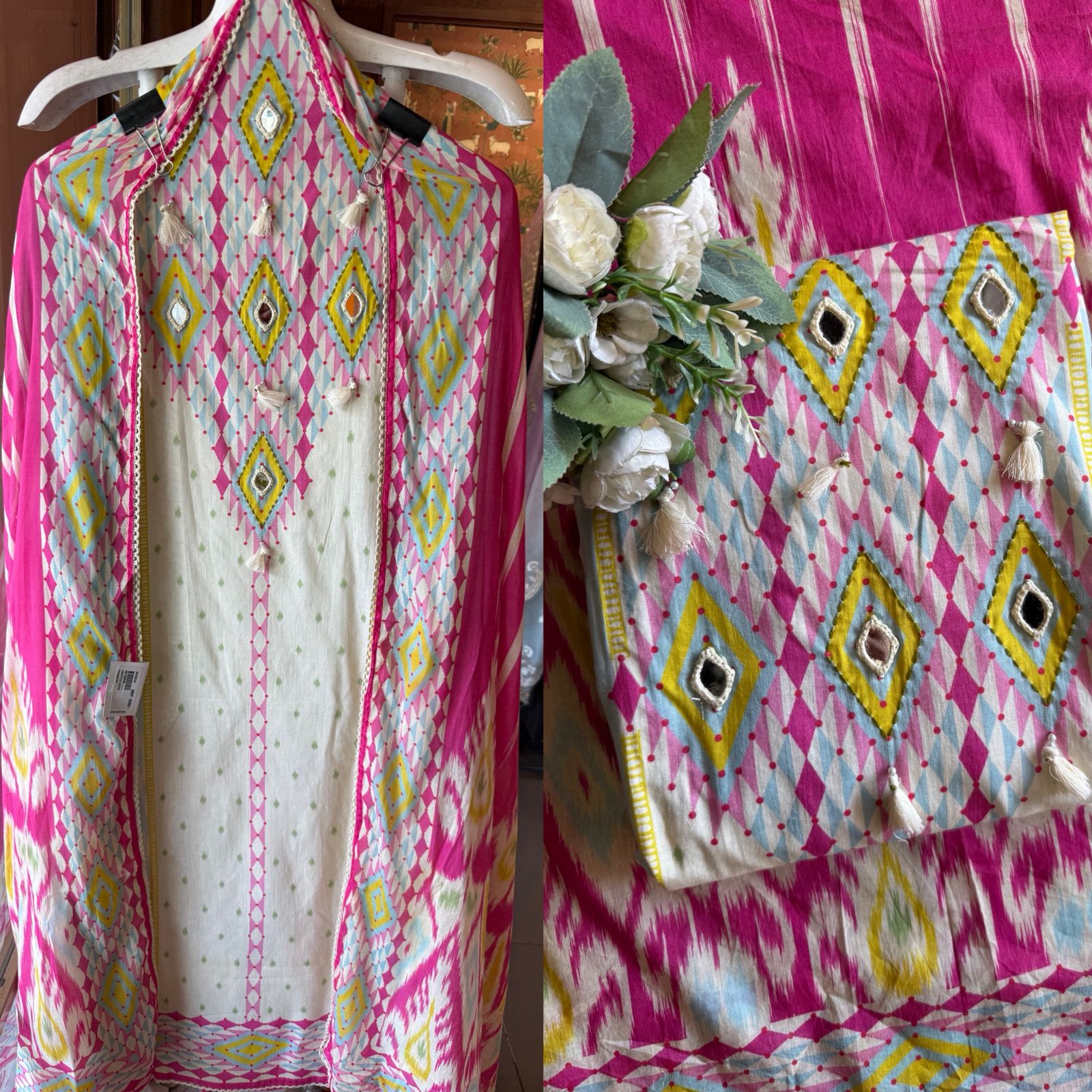 Mustard & Pink Ethnic Ikkat Printed Suit