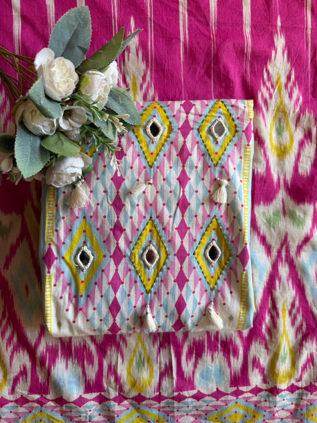 Mustard & Pink Ethnic Ikkat Printed Suit