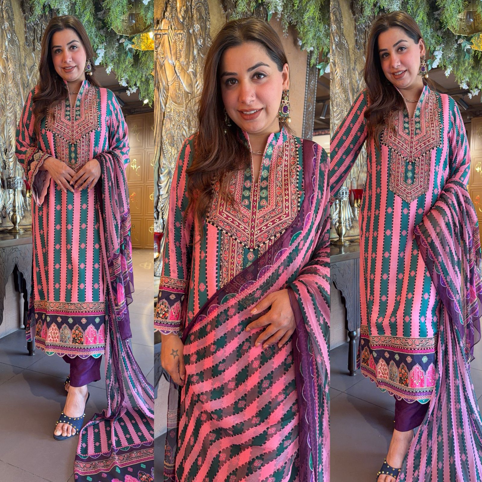 Pink & Teal Printed Kurta Set with Dupatta