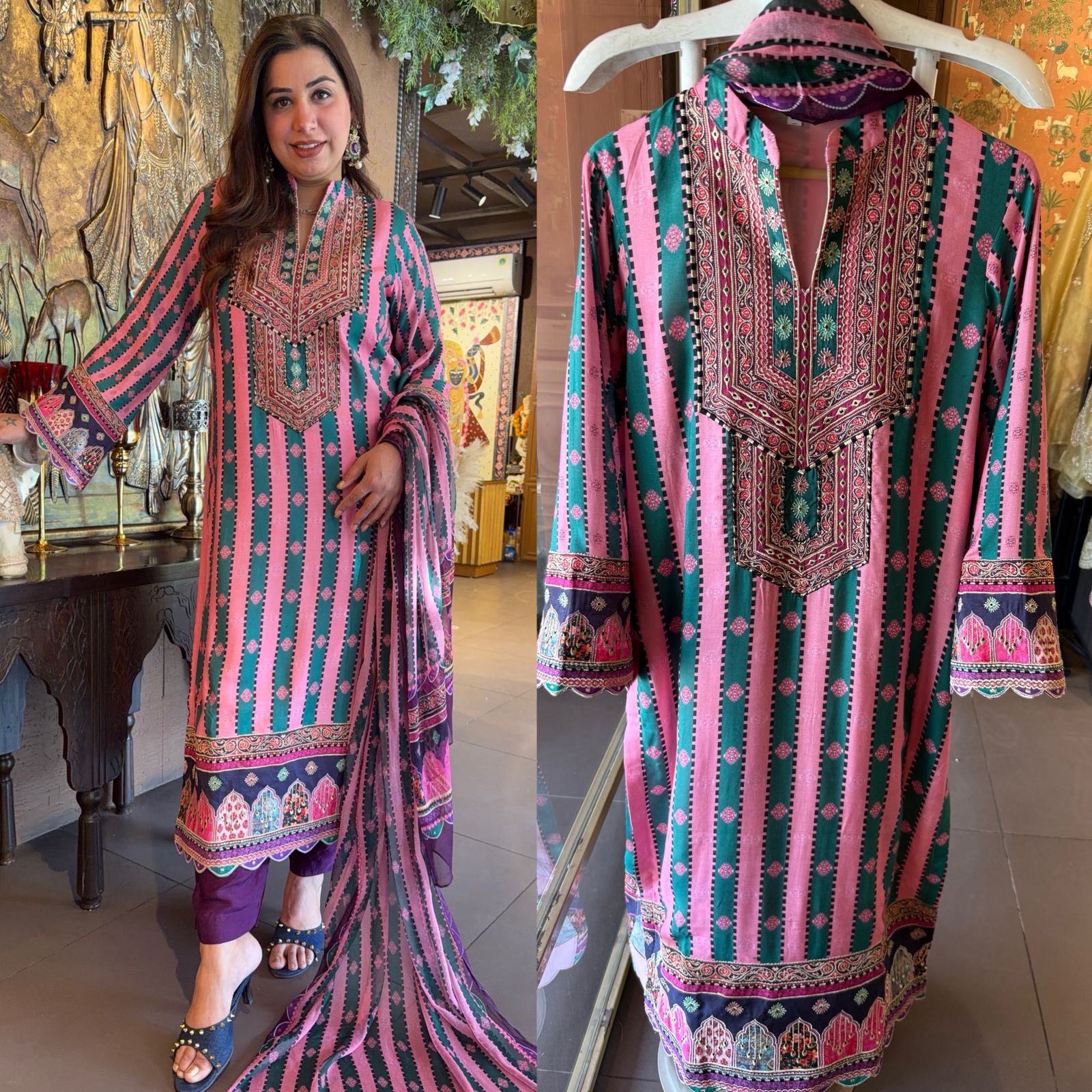 Pink & Teal Printed Kurta Set with Dupatta