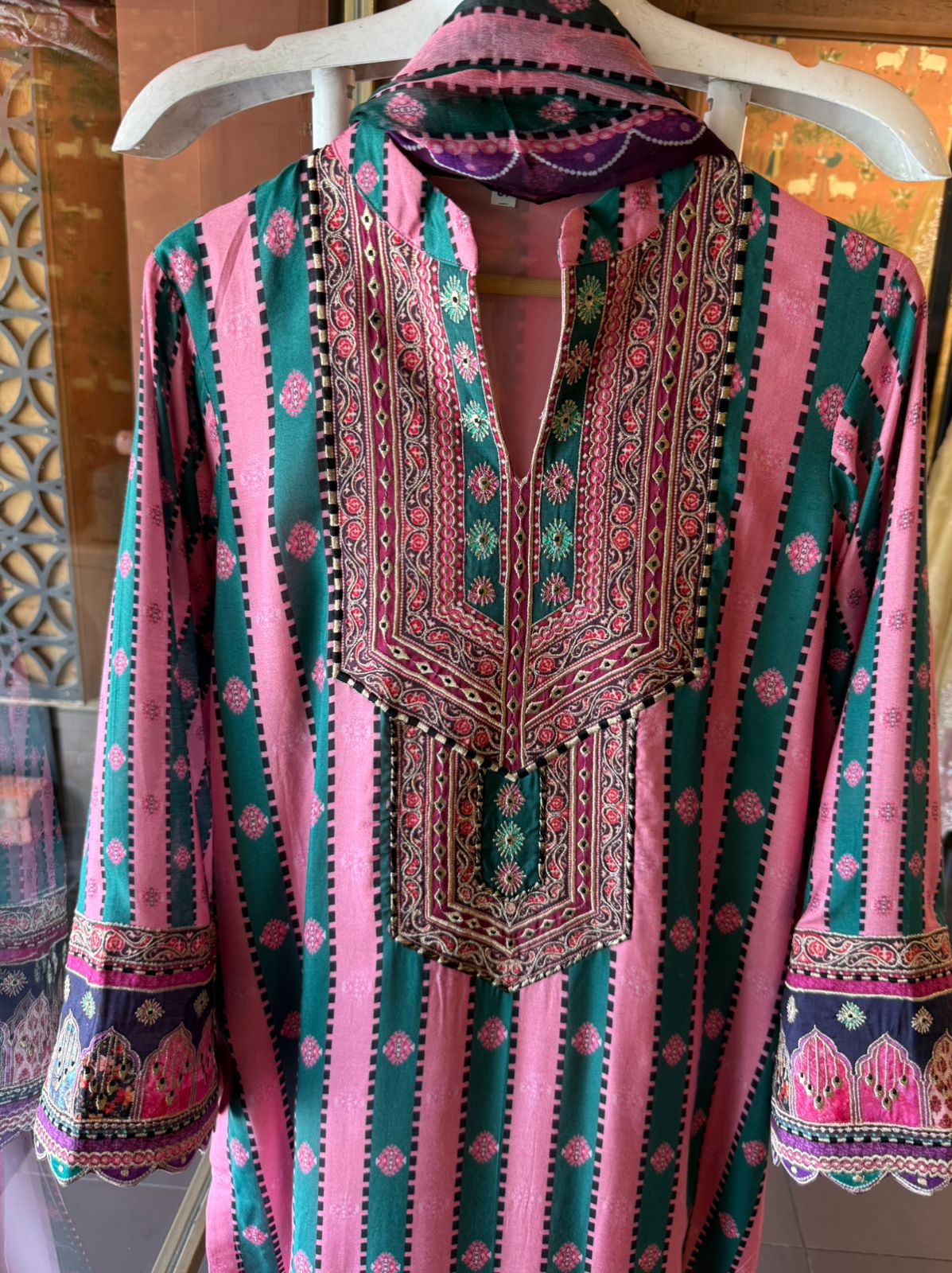 Pink & Teal Printed Kurta Set with Dupatta