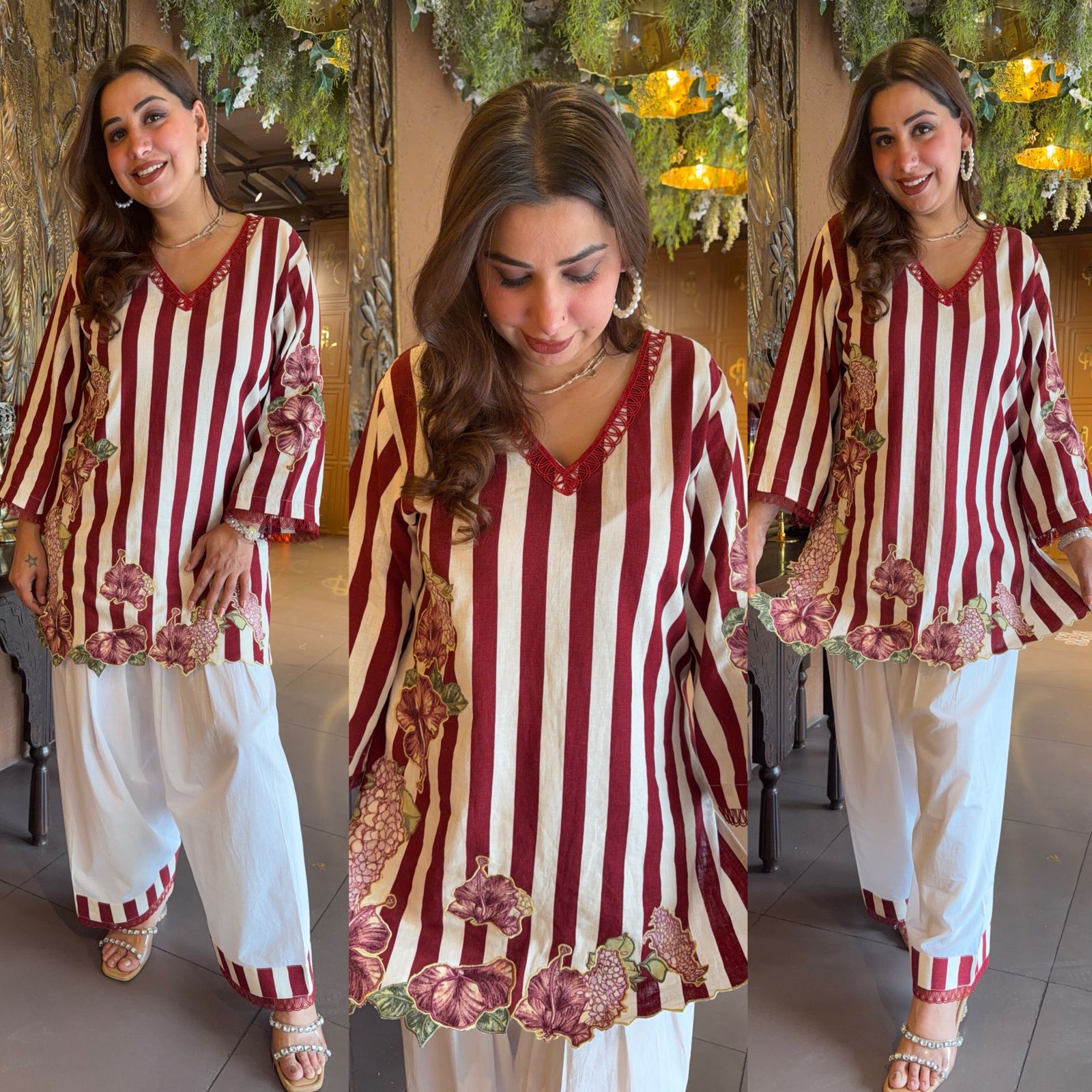 Maroon & off white Striped Floral Printed Co-Ord Set
