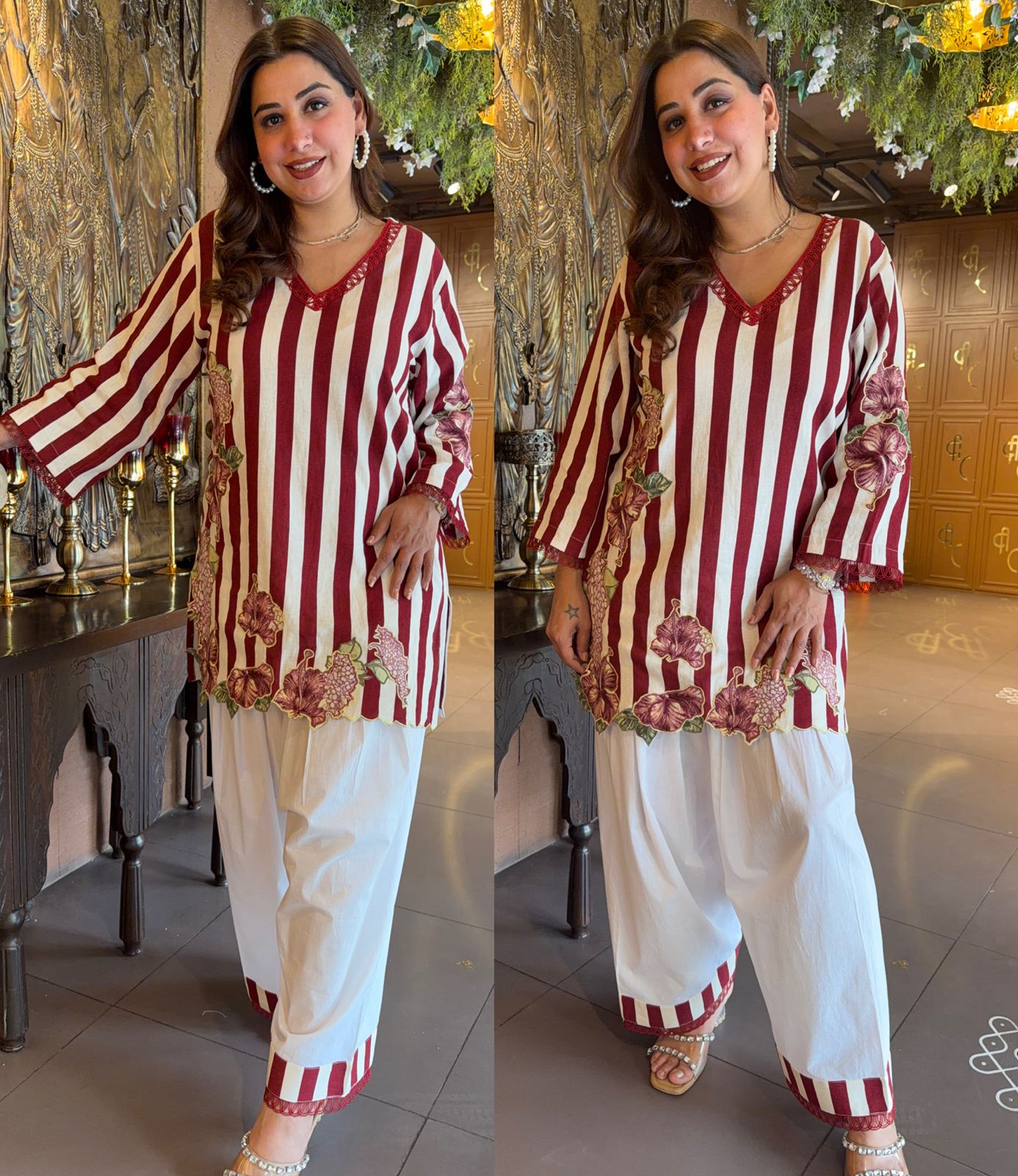 Maroon & off white Striped Floral Printed Co-Ord Set
