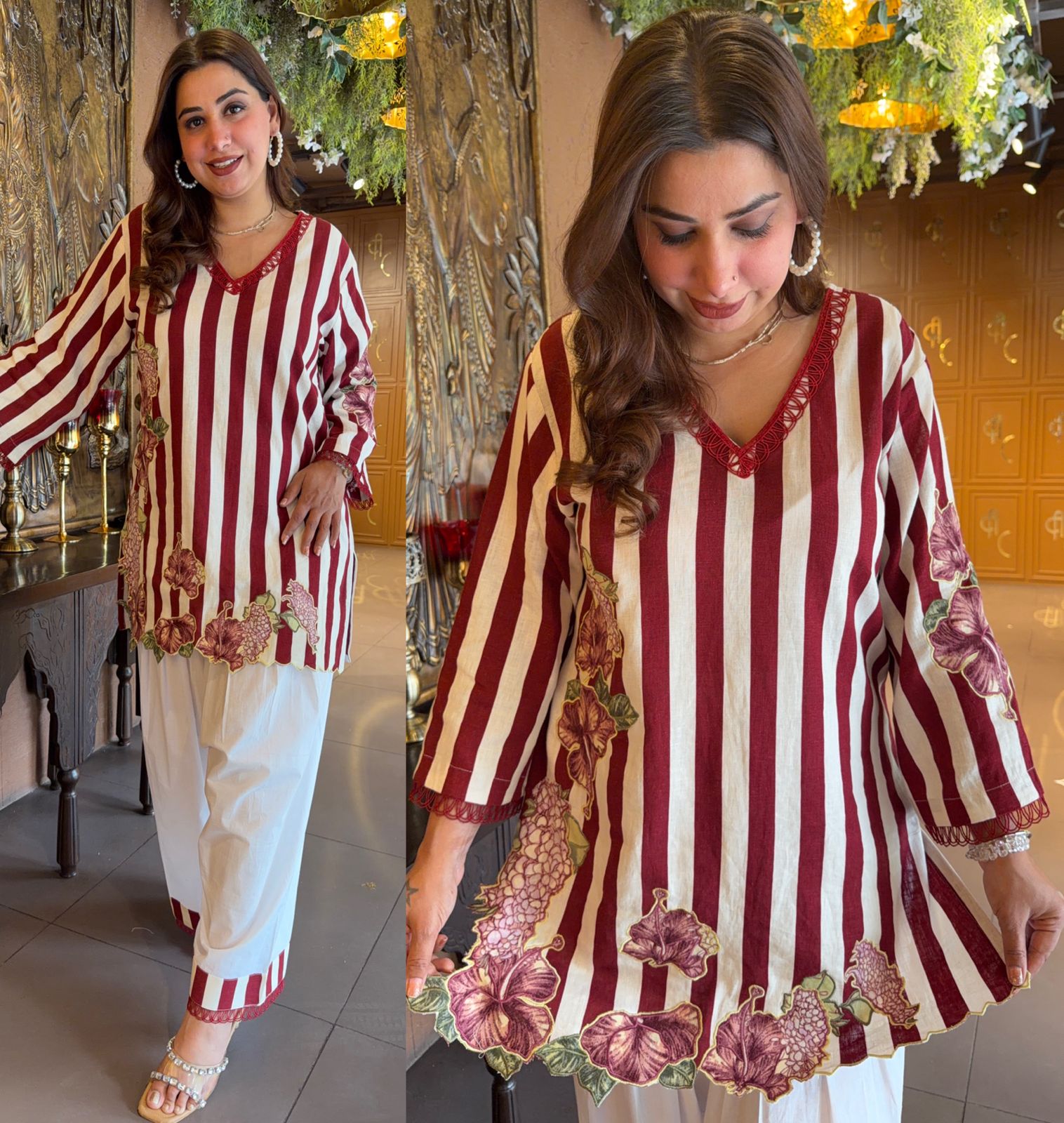 Maroon & off white Striped Floral Printed Co-Ord Set