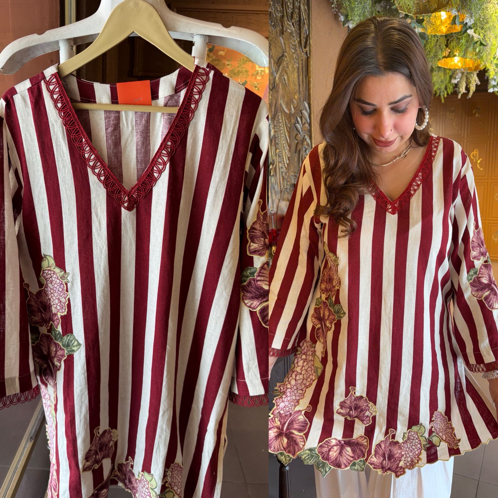Maroon & off white Striped Floral Printed Co-Ord Set