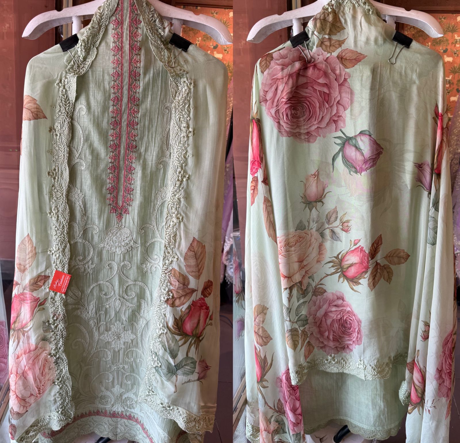 Embroidered Luxury Suit with Floral printed Dupatta
