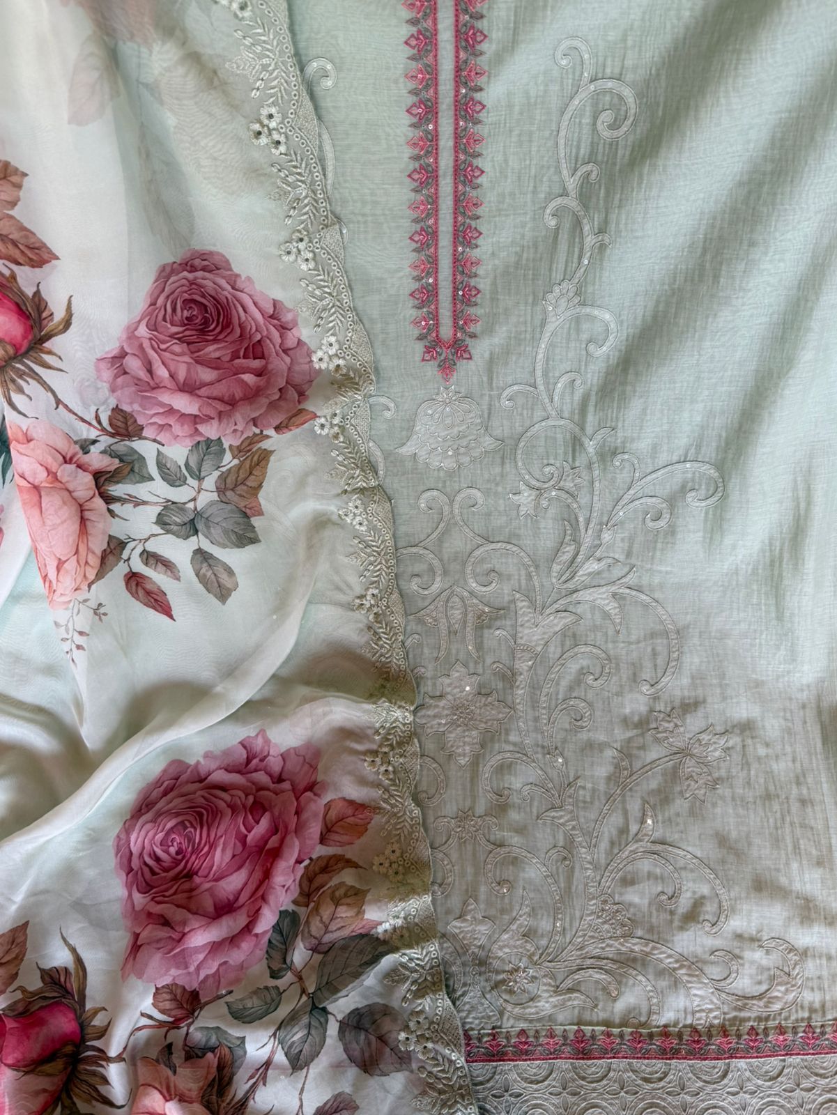 Embroidered Luxury Suit with Floral printed Dupatta