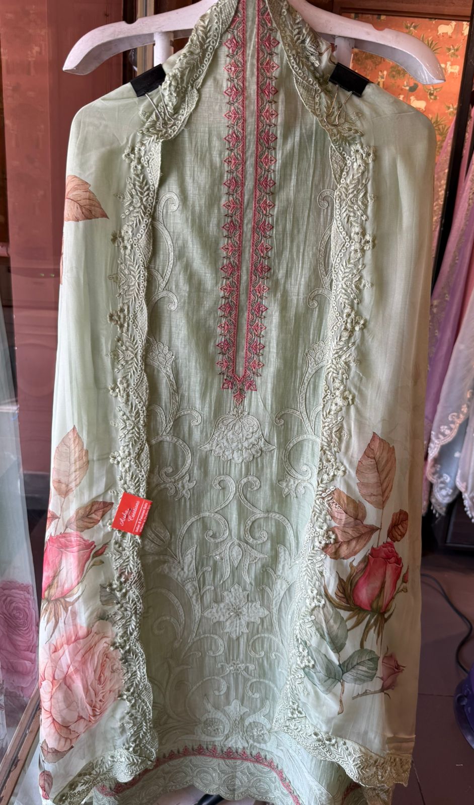 Embroidered Luxury Suit with Floral printed Dupatta