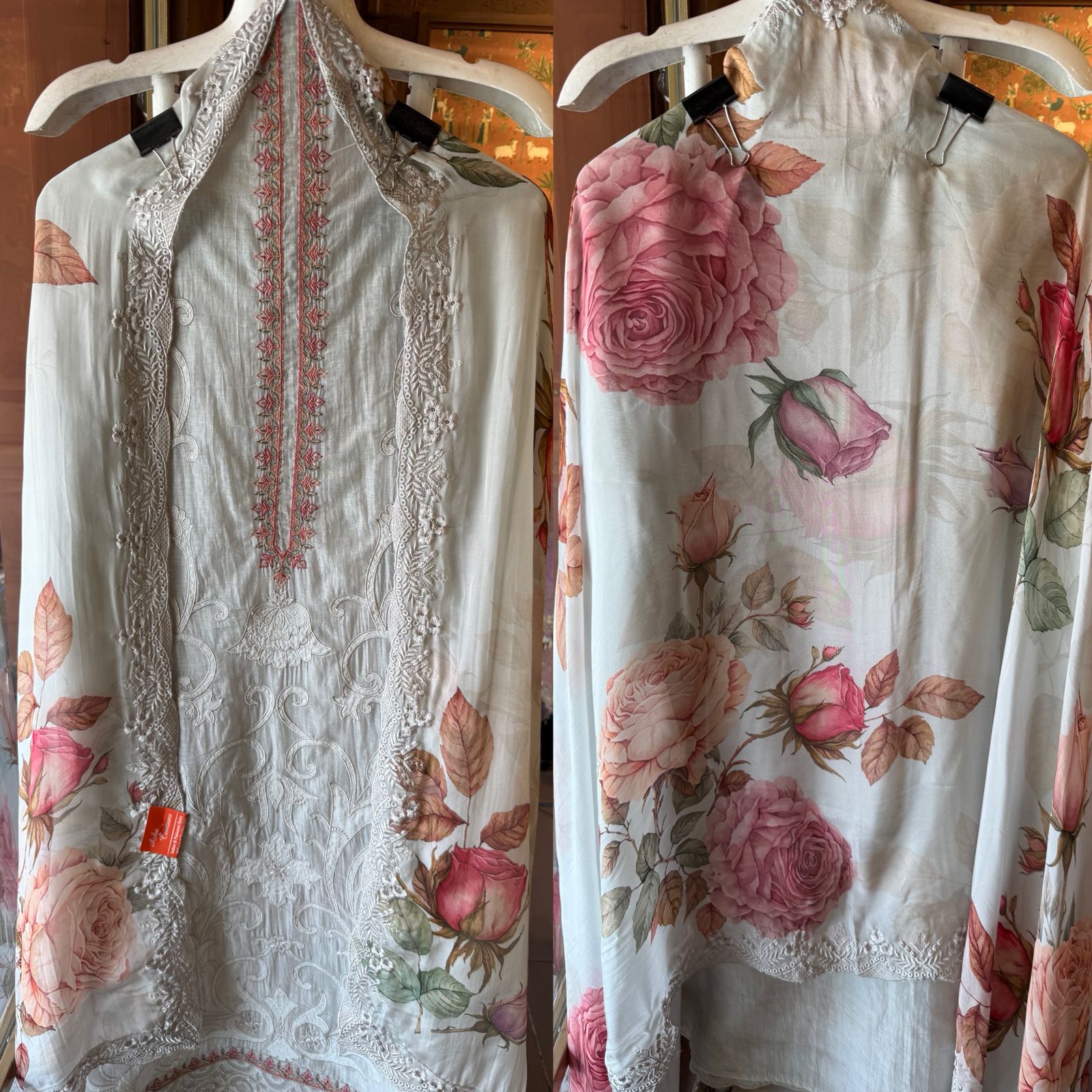 Embroidered Luxury Suit with Floral printed Dupatta