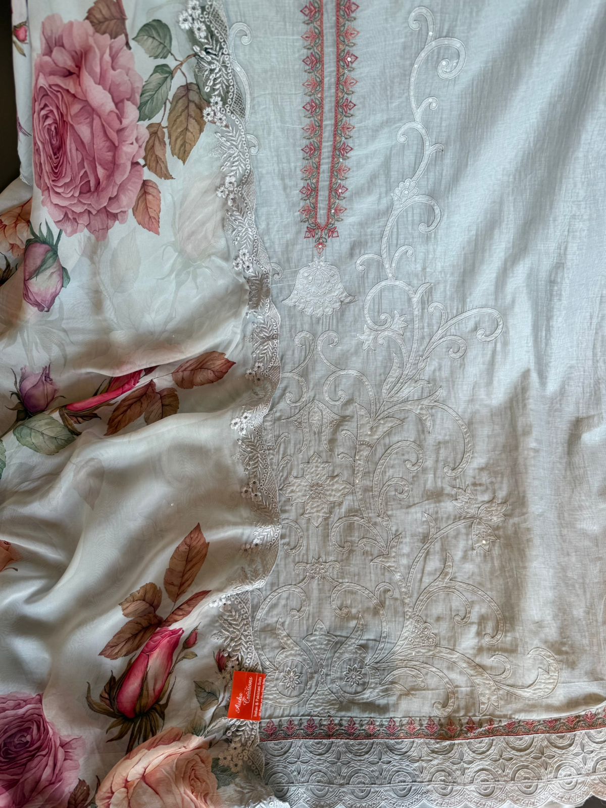 Embroidered Luxury Suit with Floral printed Dupatta