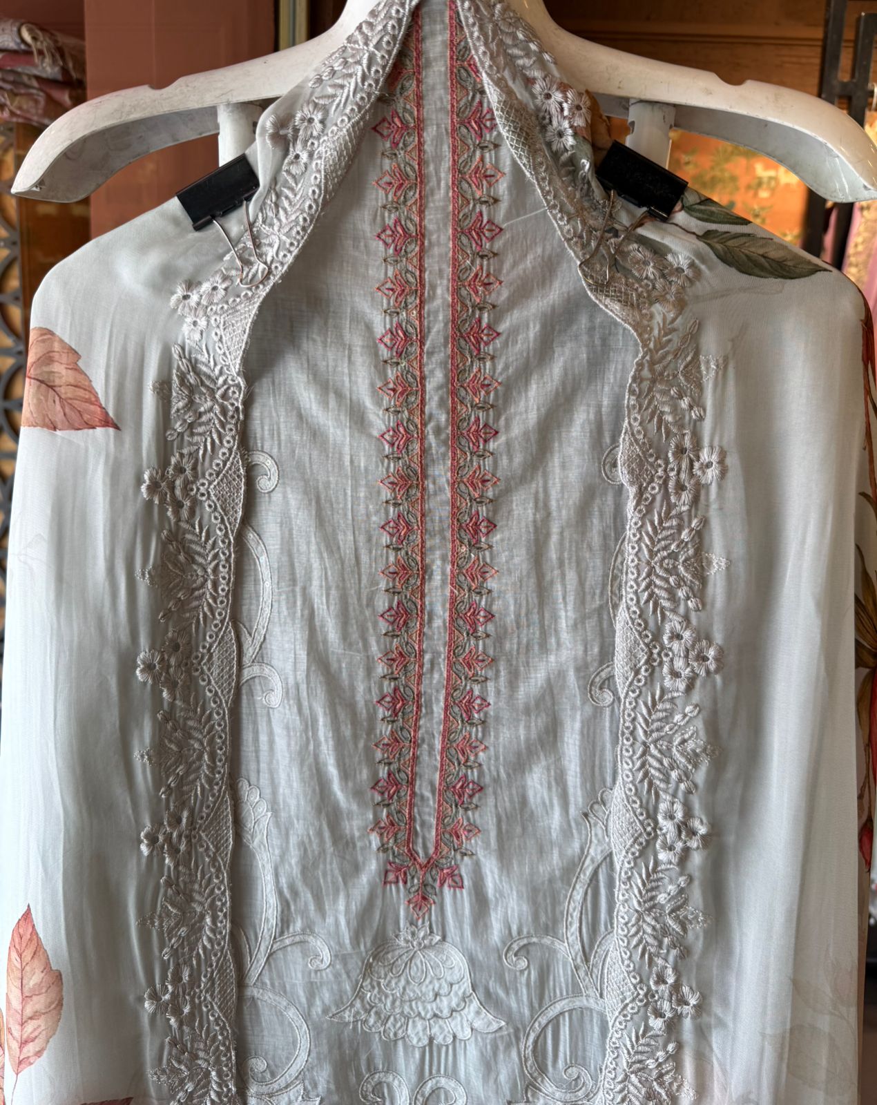 Embroidered Luxury Suit with Floral printed Dupatta