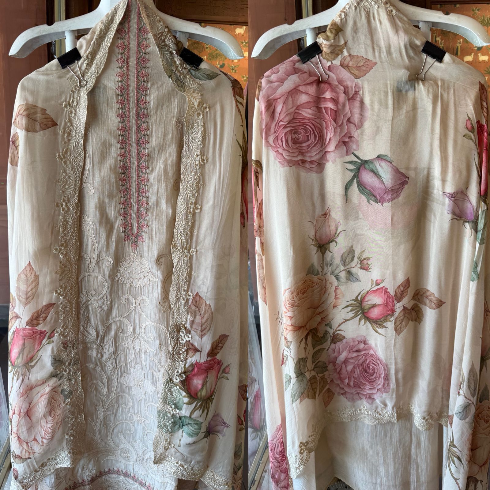 Embroidered Luxury Suit with Floral printed Dupatta