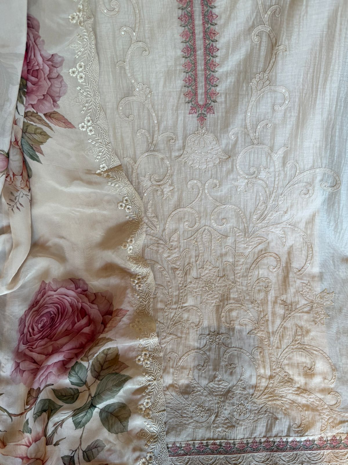 Embroidered Luxury Suit with Floral printed Dupatta