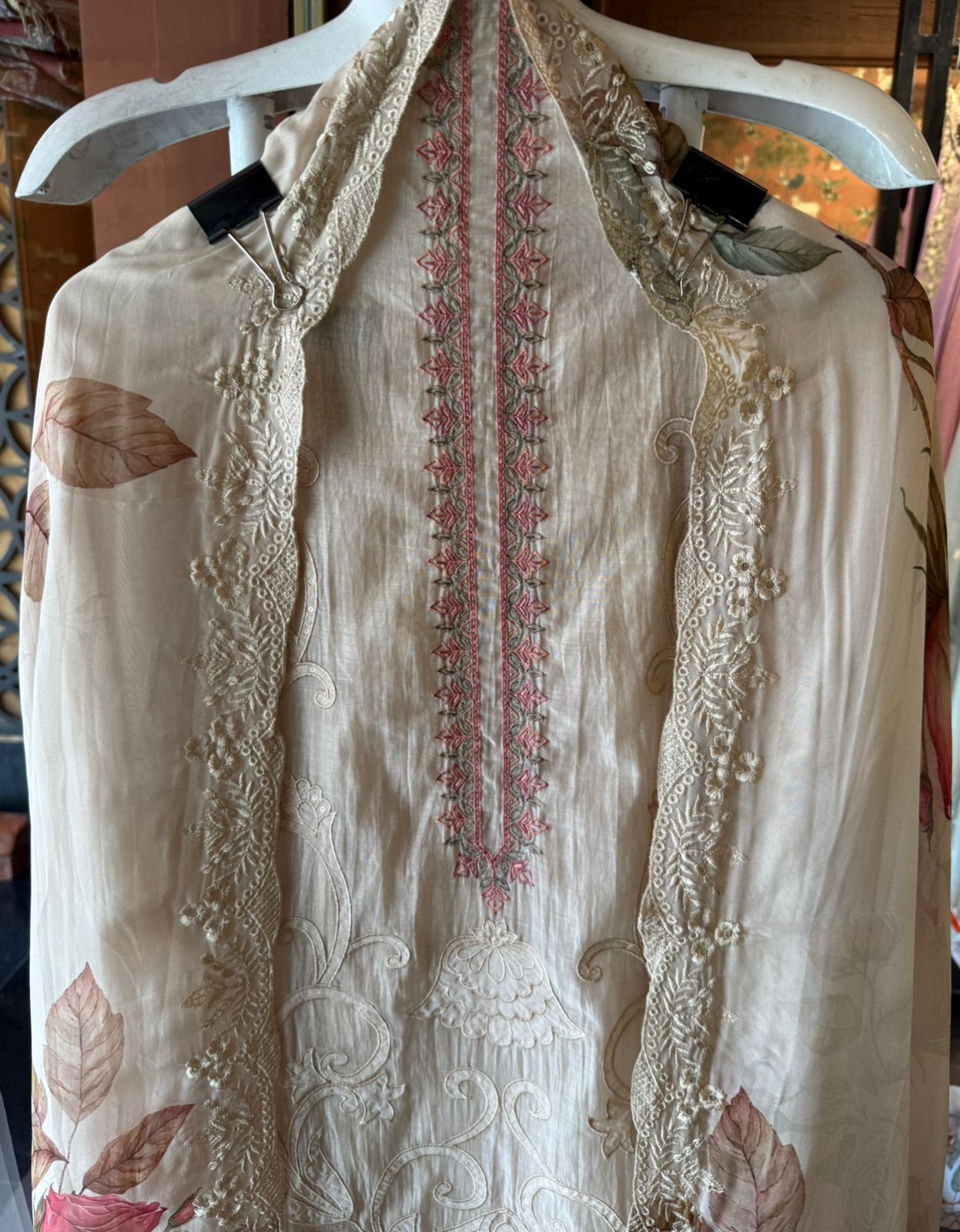 Embroidered Luxury Suit with Floral printed Dupatta