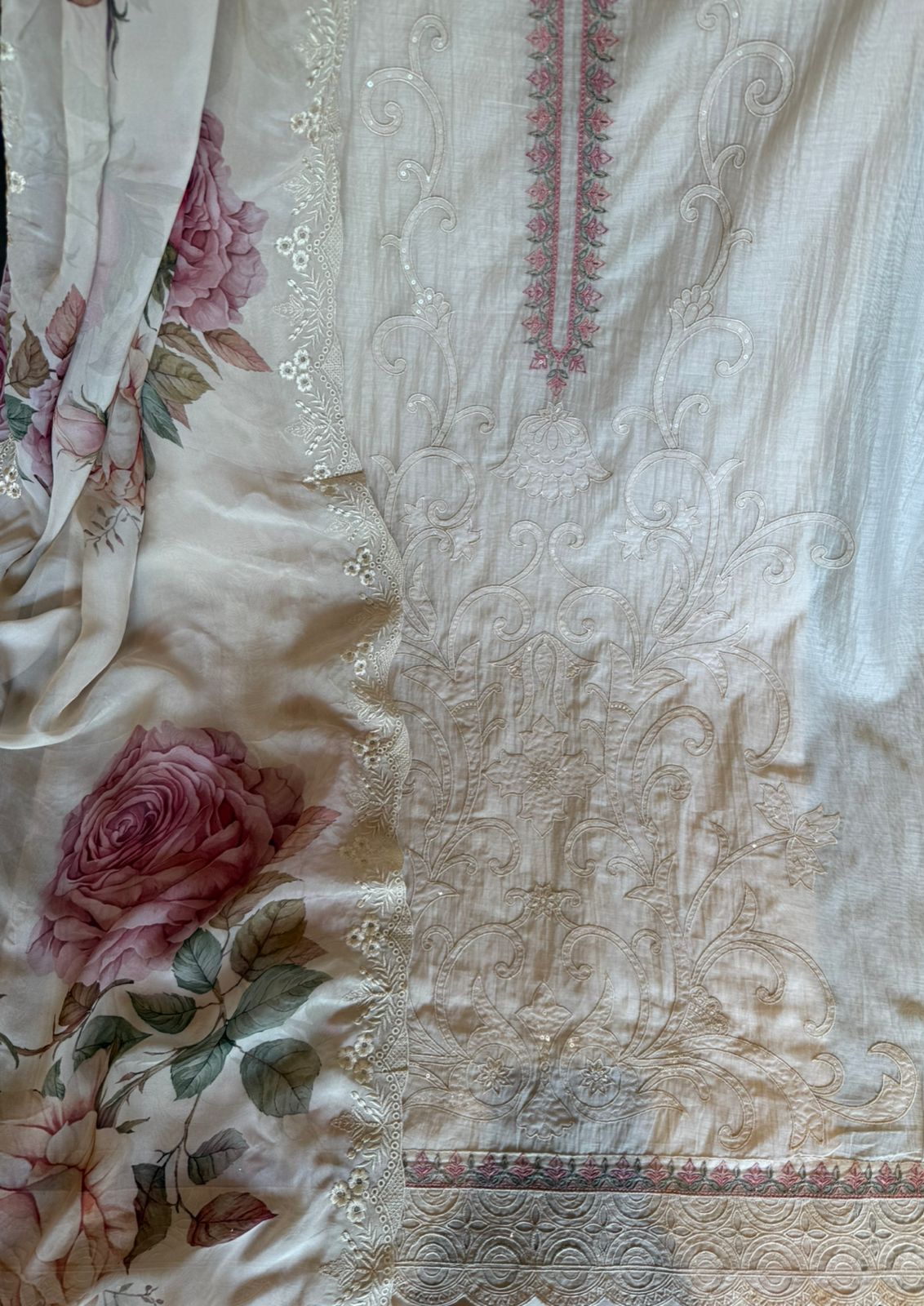 Embroidered Luxury Suit with Floral printed Dupatta