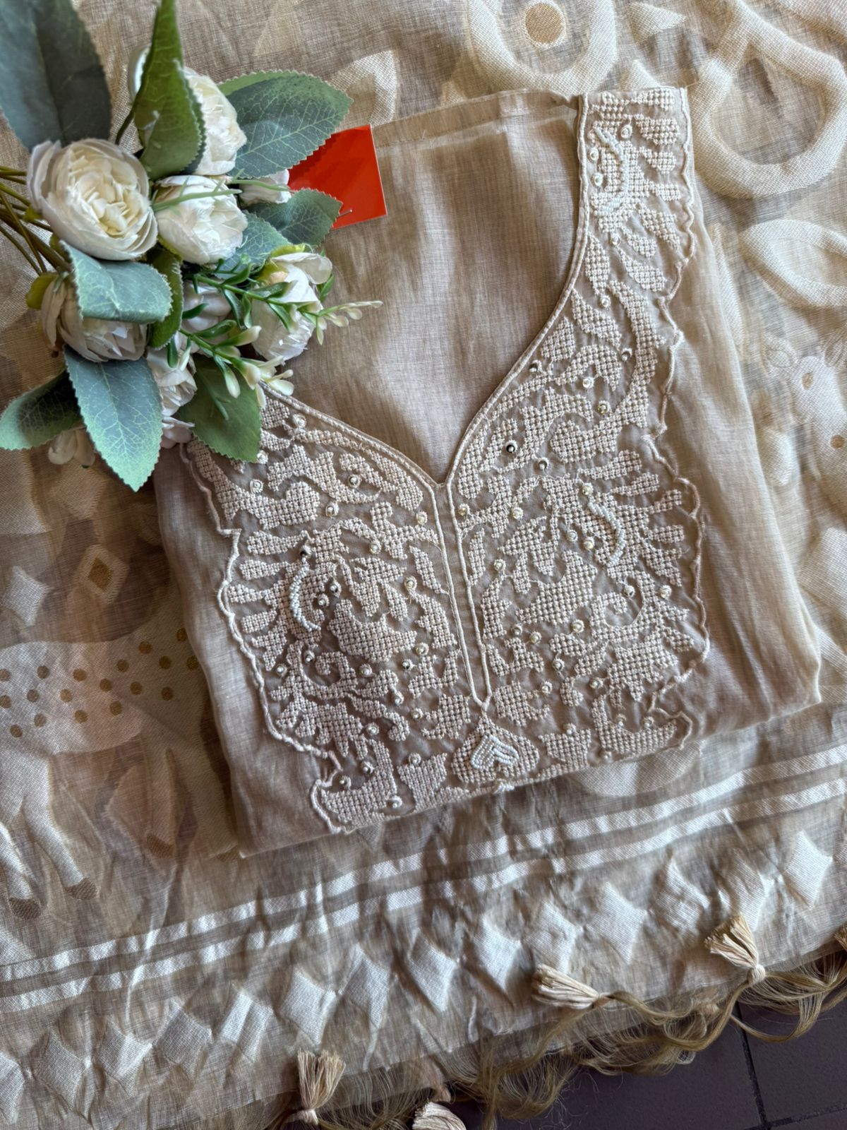 Mul Chanderi Embroidered Suit Set