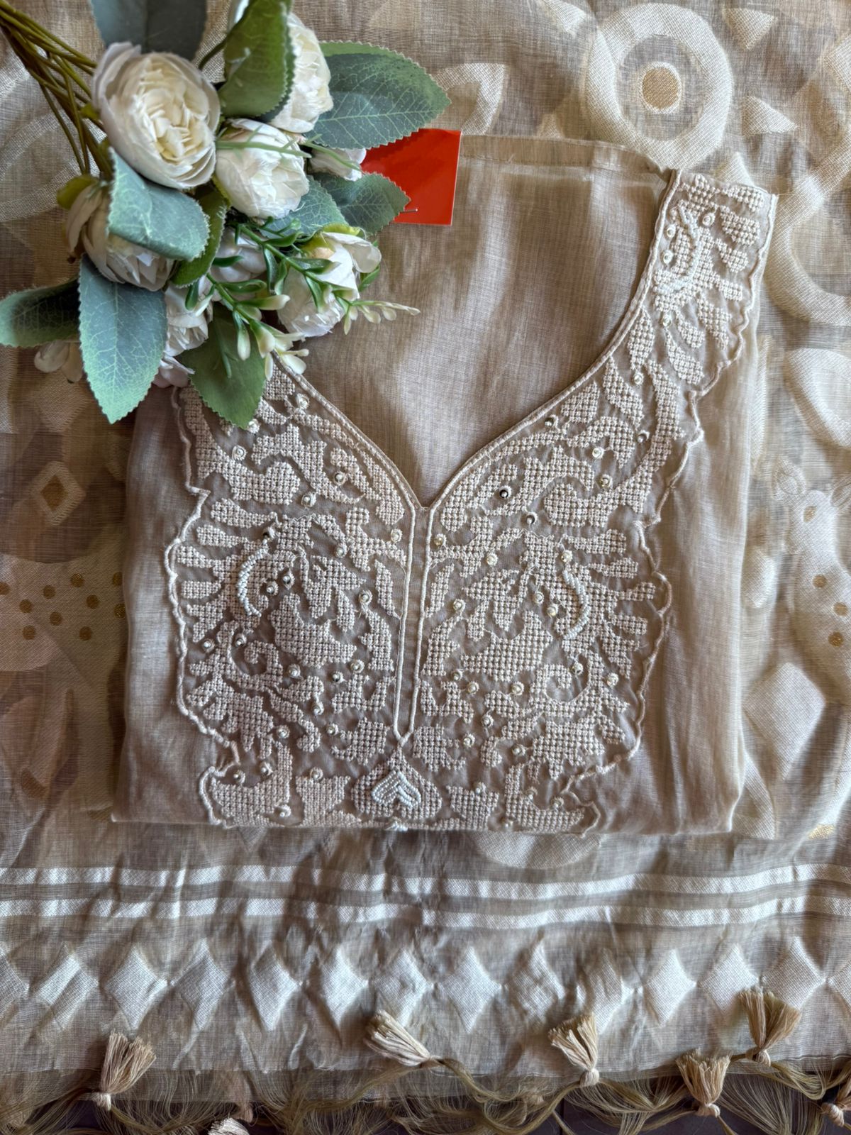 Mul Chanderi Embroidered Suit Set