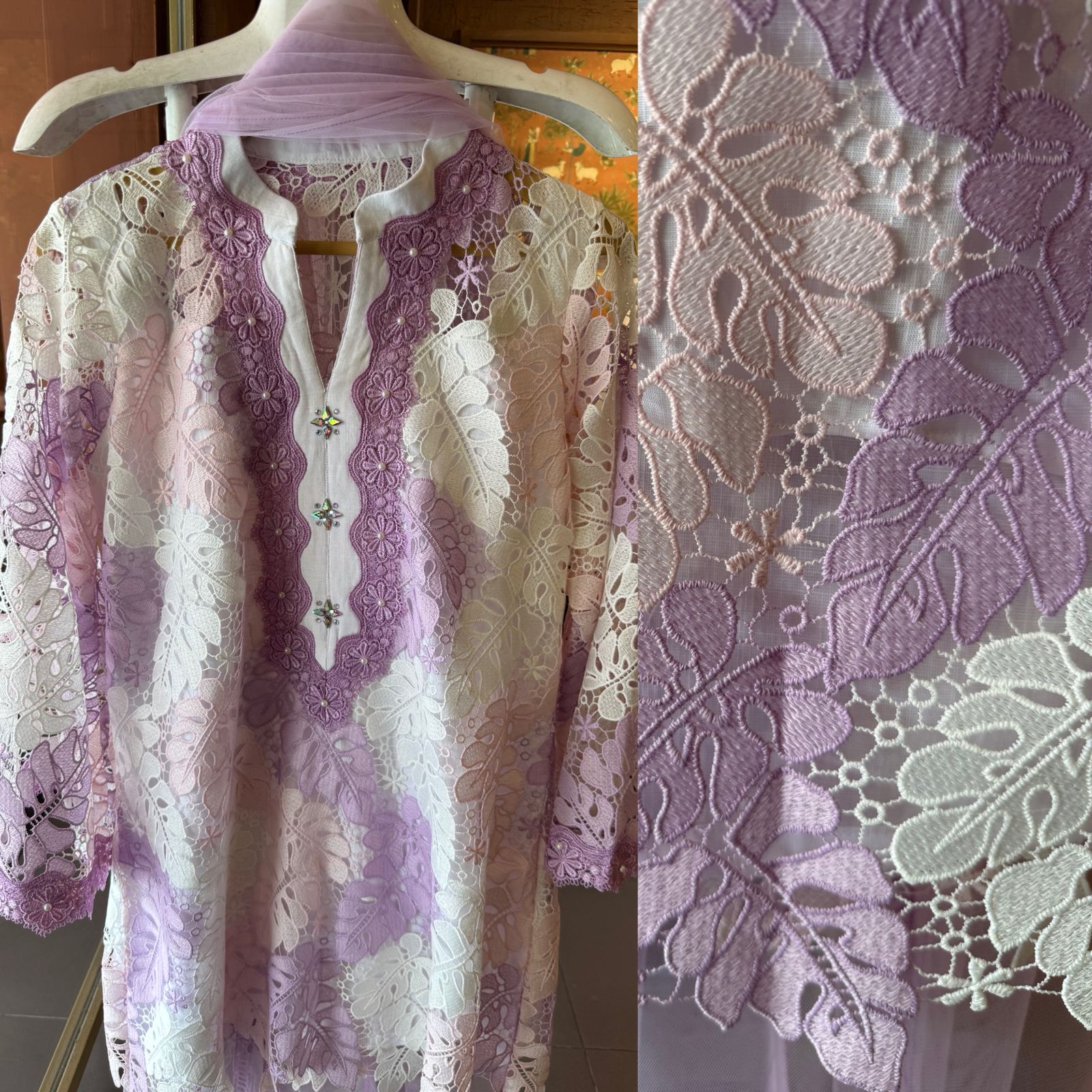 Premium pastel kurta crafted in intricate floral Crochet fabric