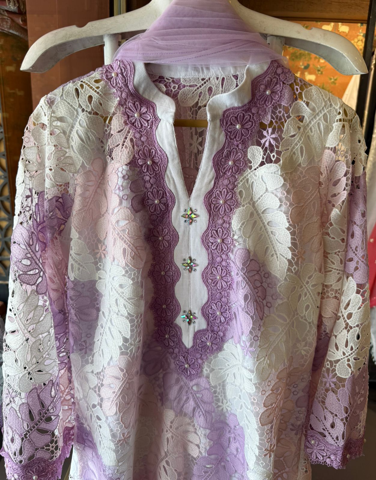 Premium pastel kurta crafted in intricate floral Crochet fabric