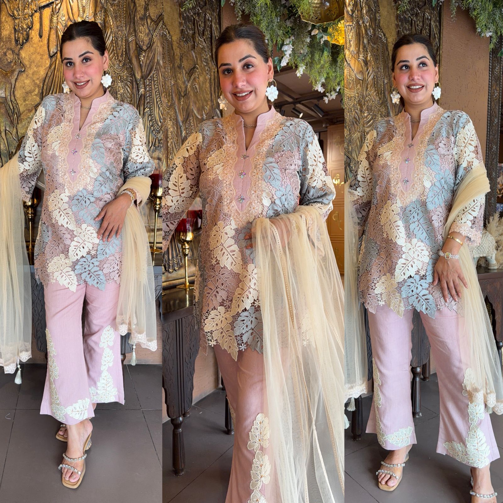 Premium pastel kurta crafted in intricate floral Crochet fabric