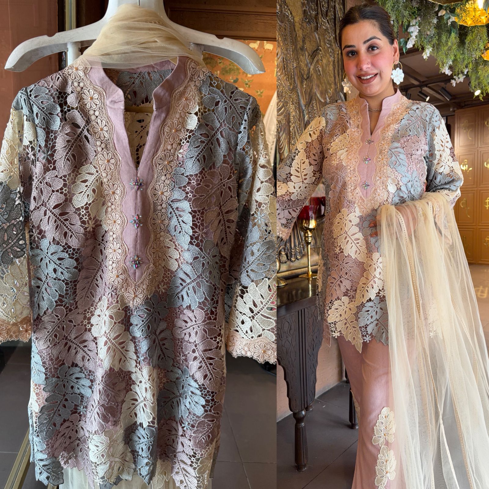 Premium pastel kurta crafted in intricate floral Crochet fabric