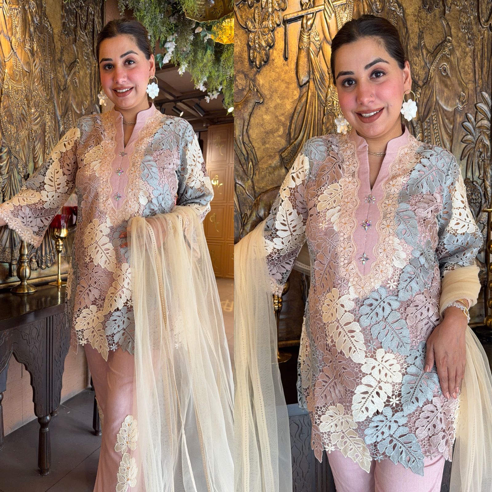 Premium pastel kurta crafted in intricate floral Crochet fabric